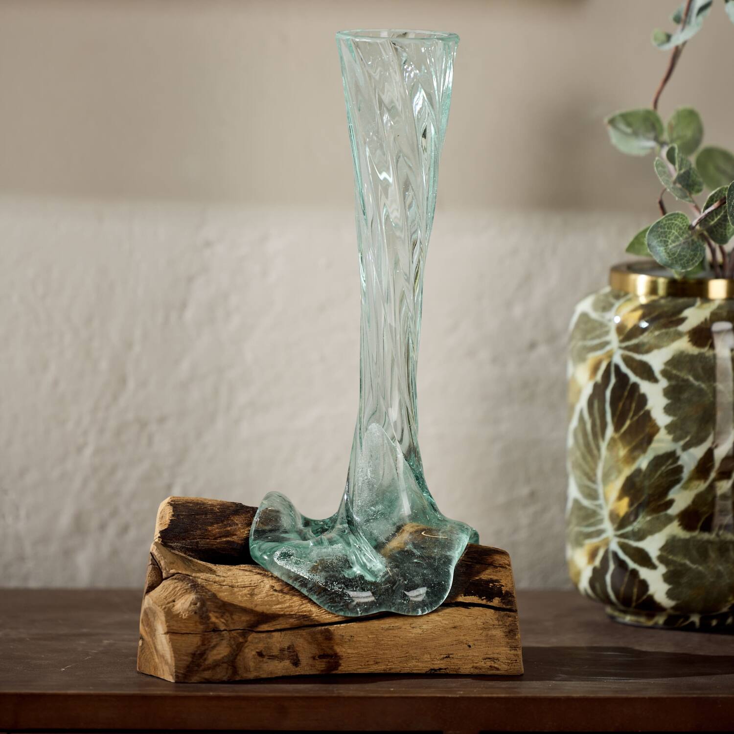 Root teak wood with glass 18x14x38cm - Natural