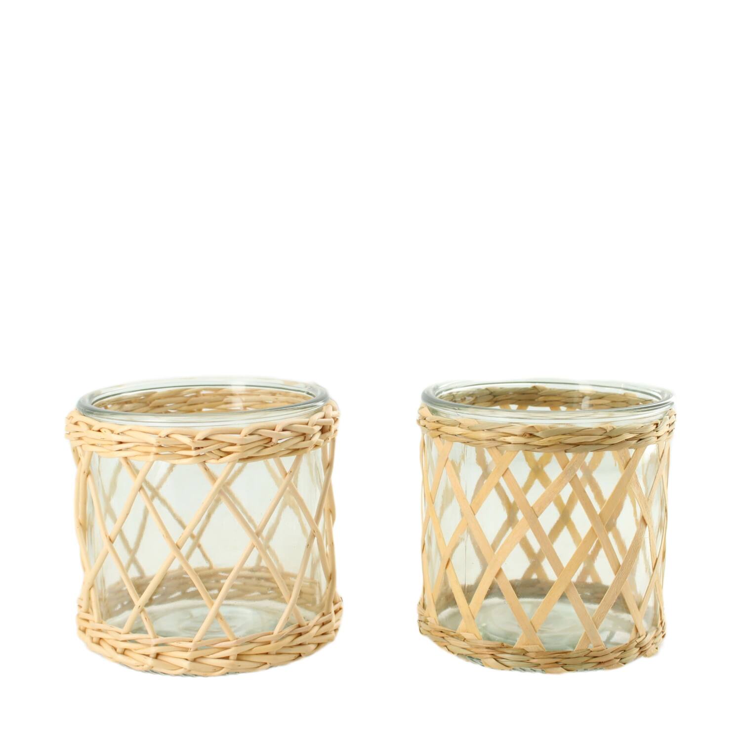 Tealight holder chip wood with glass 12x12x12cm  - Natural