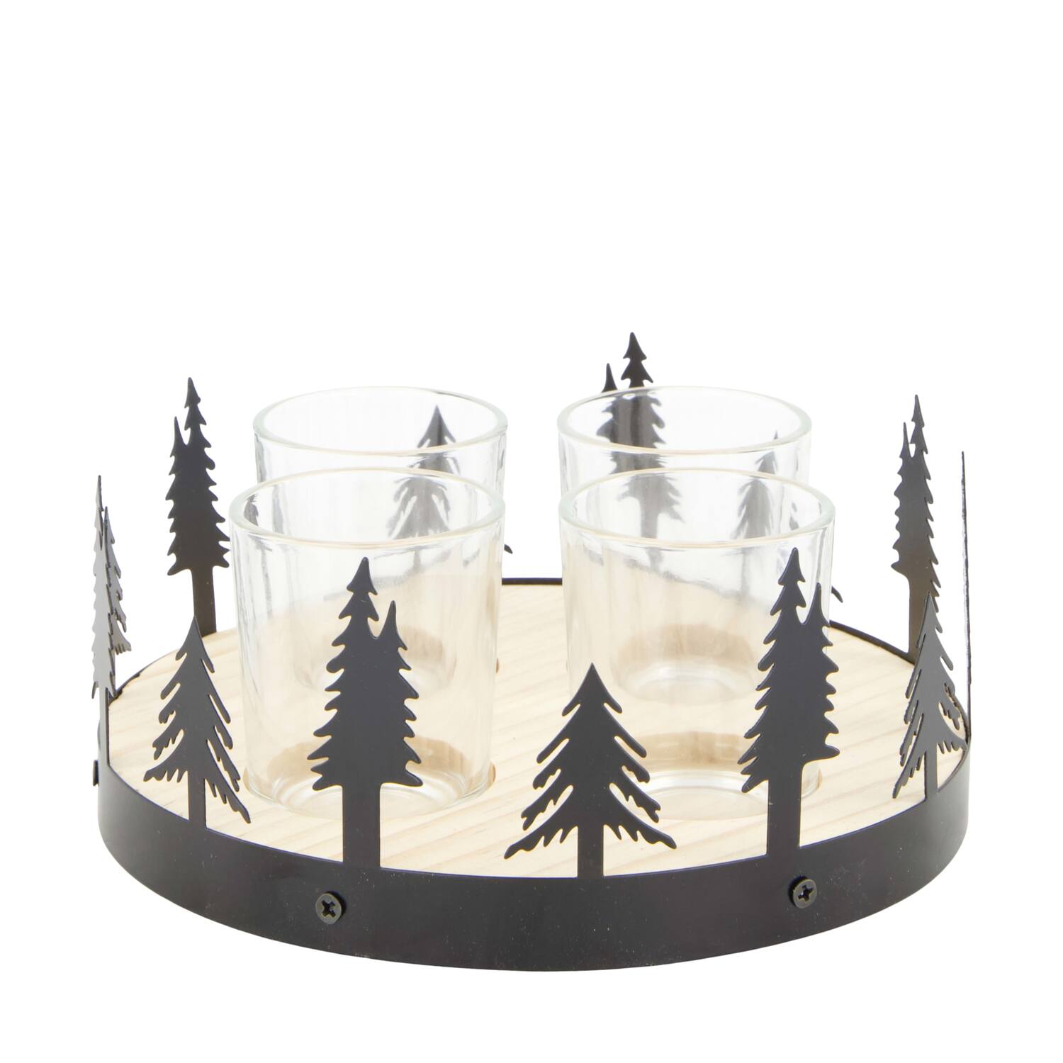 Tealight holder tree metal with pine wood with glass 18x18x8cm
