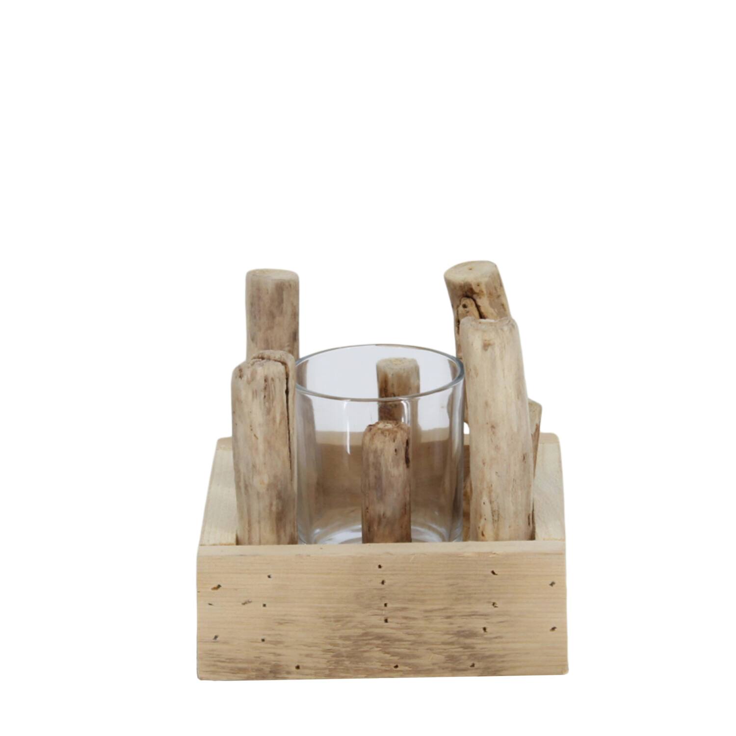 Tealight holder historic wood with glass 14x14x12cm - Cream