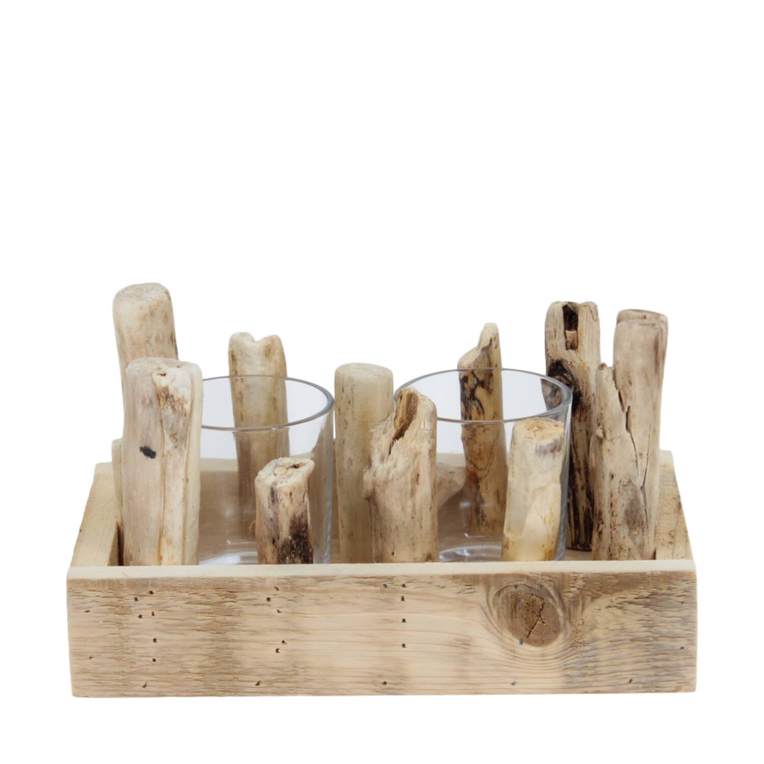 Tealight holder historic wood with glass 24x14x12cm