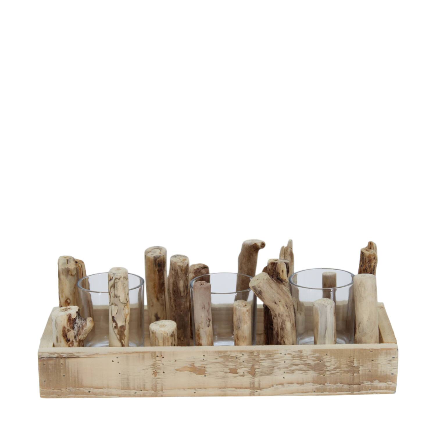 Tealight holder historic wood with glass 36x14x12cm - Cream