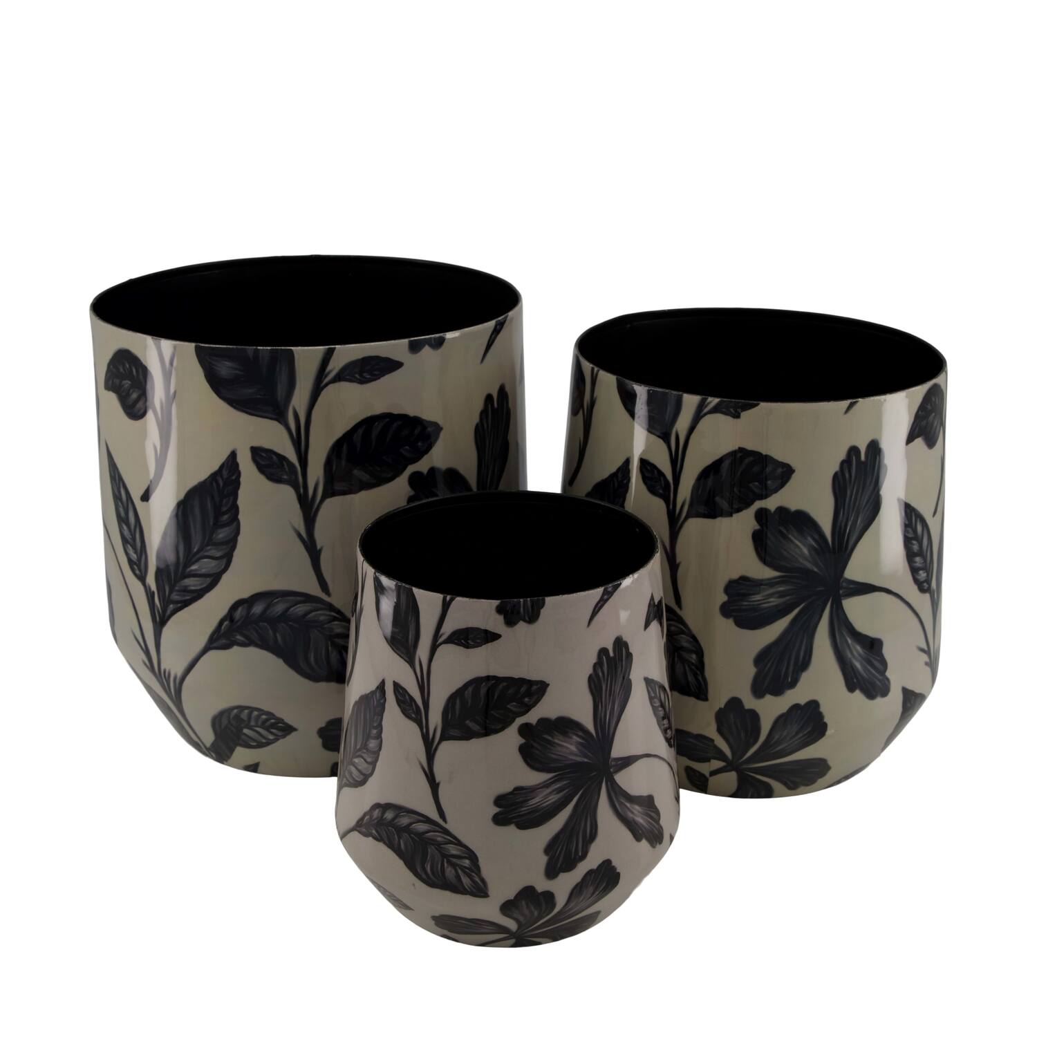 Planter round black leaf metal with print 22x22x22.5cm - Black