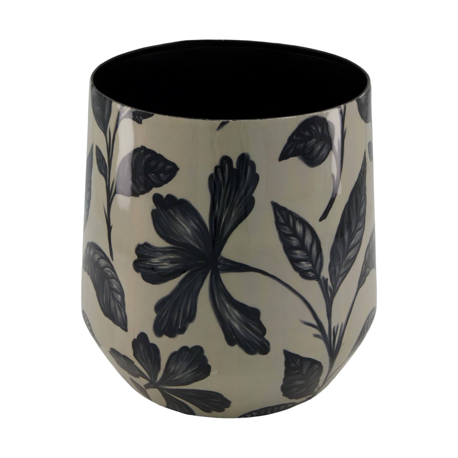 Planter round black leaf metal with print 22x22x22.5cm - Black