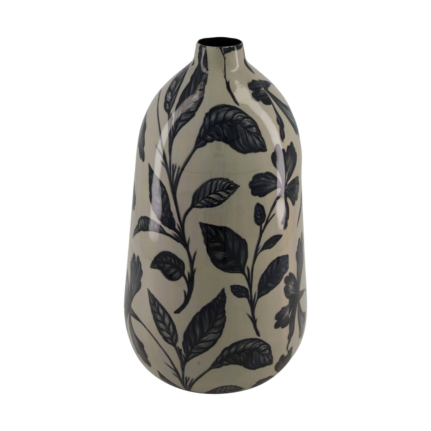 Bottle black leaf metal with print 22.5x22.5x38cm