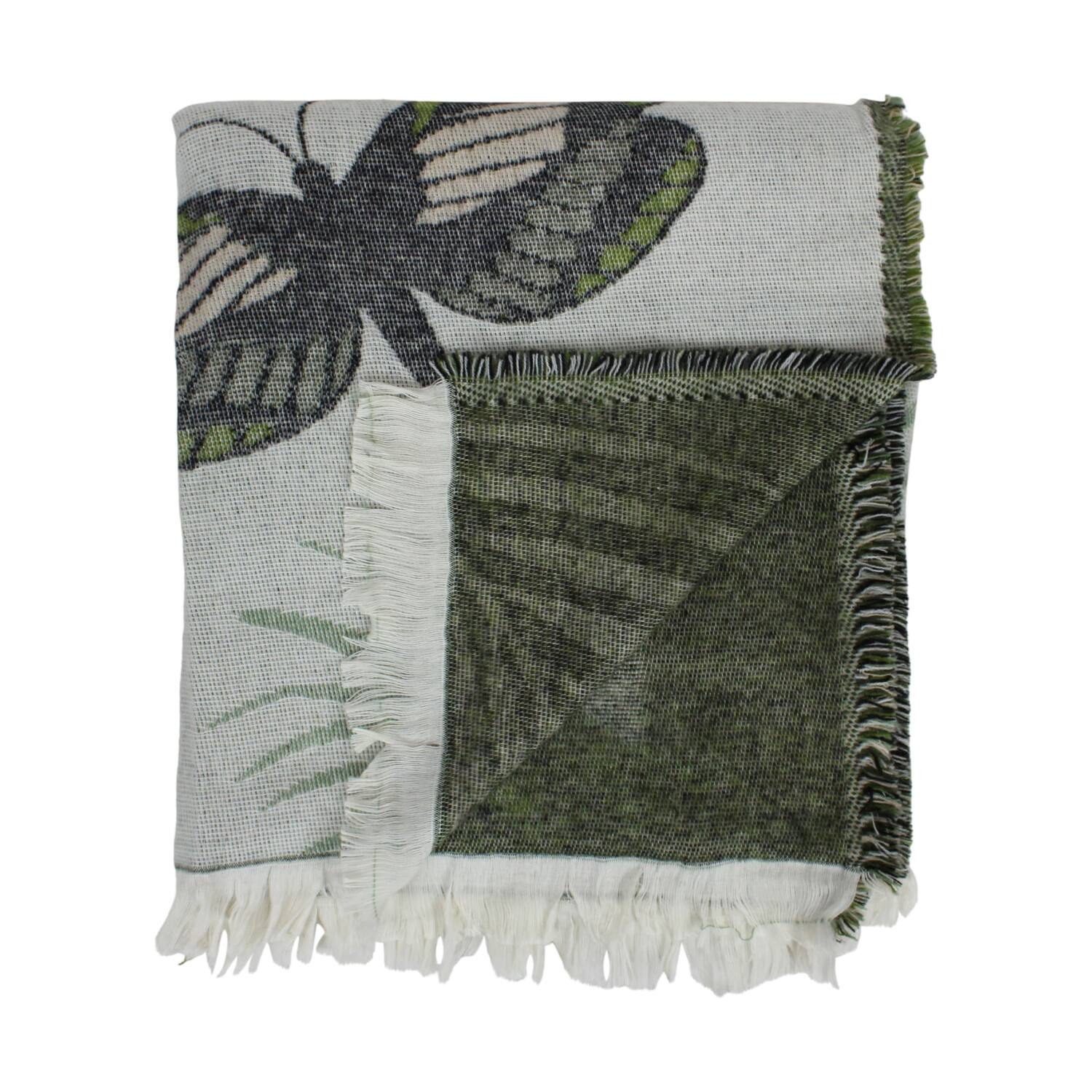 Plaid rectangular jacquard leaves acrylic 125x150x2cm - Green
