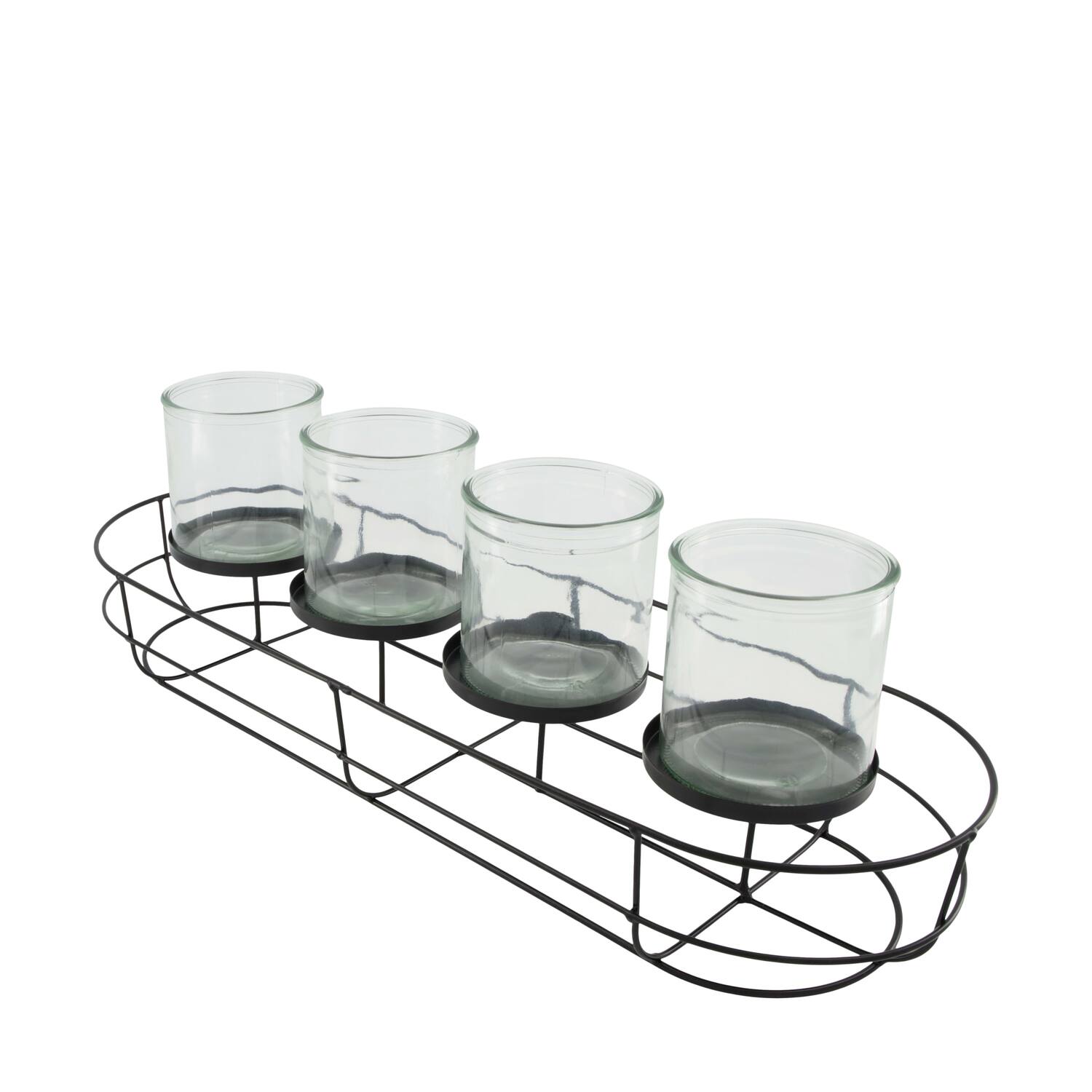 Tealight holder metal with glass 58x19x17.5cm - Black