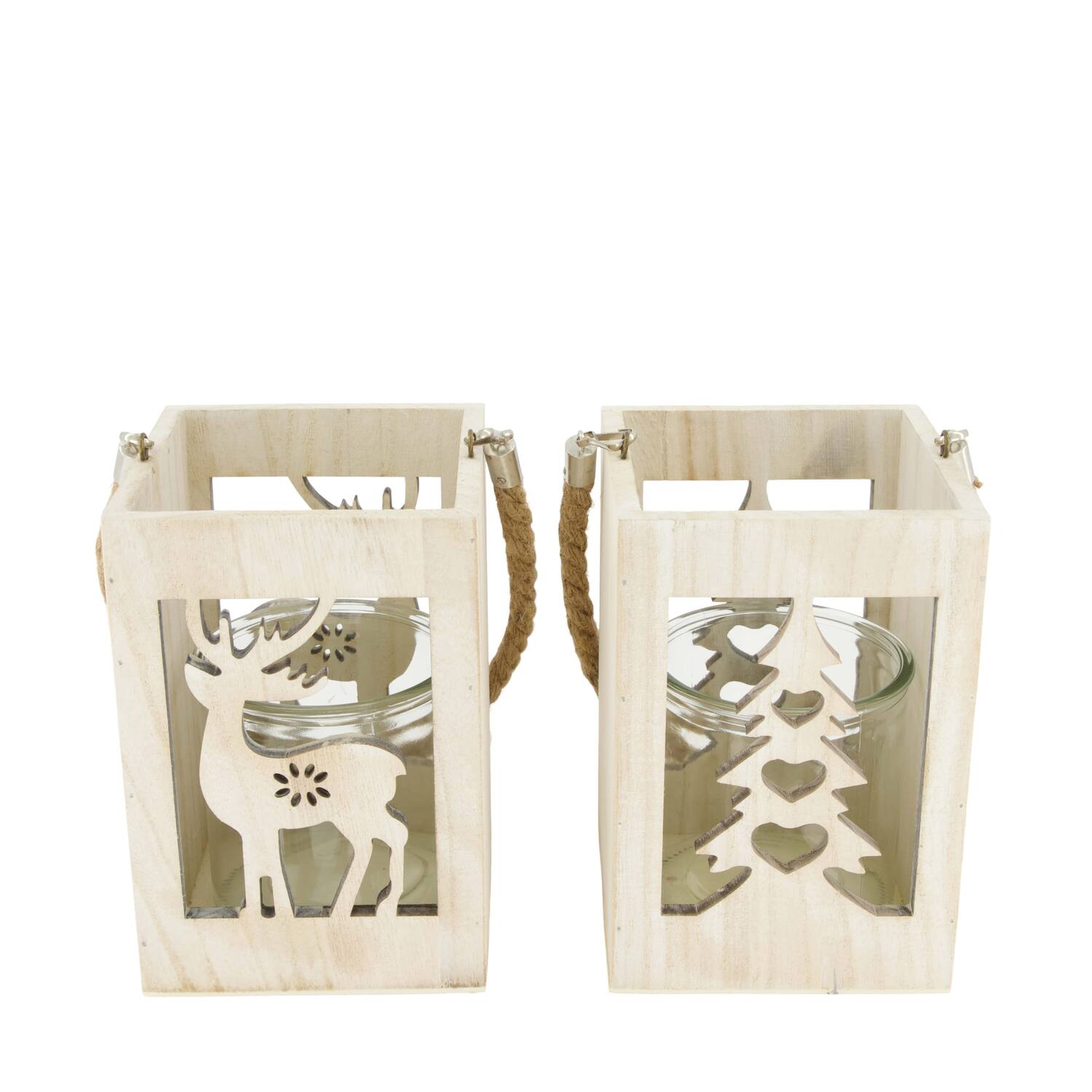Lantern tree and reindeer pine wood with glass 12x12x18cm A/2