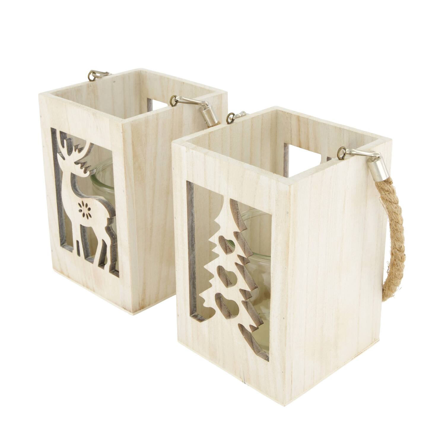Lantern tree and reindeer pine wood with glass 12x12x18cm A/2
