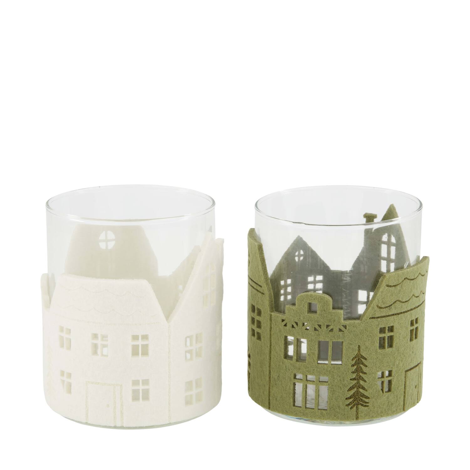 Tealight holder round felt houses glass 8.5x8.5x10cm C/2