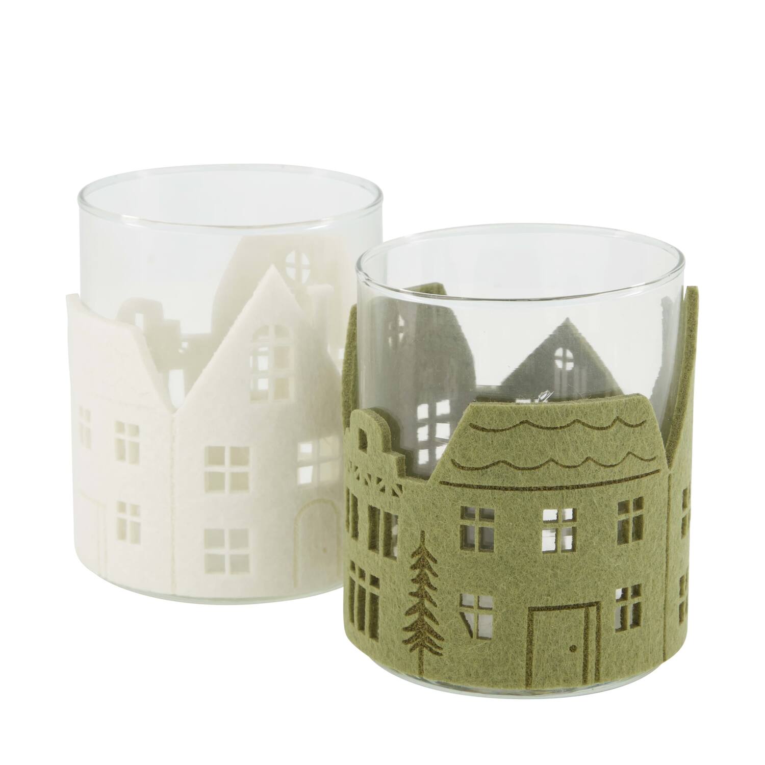 Tealight holder round felt houses glass 8.5x8.5x10cm C/2