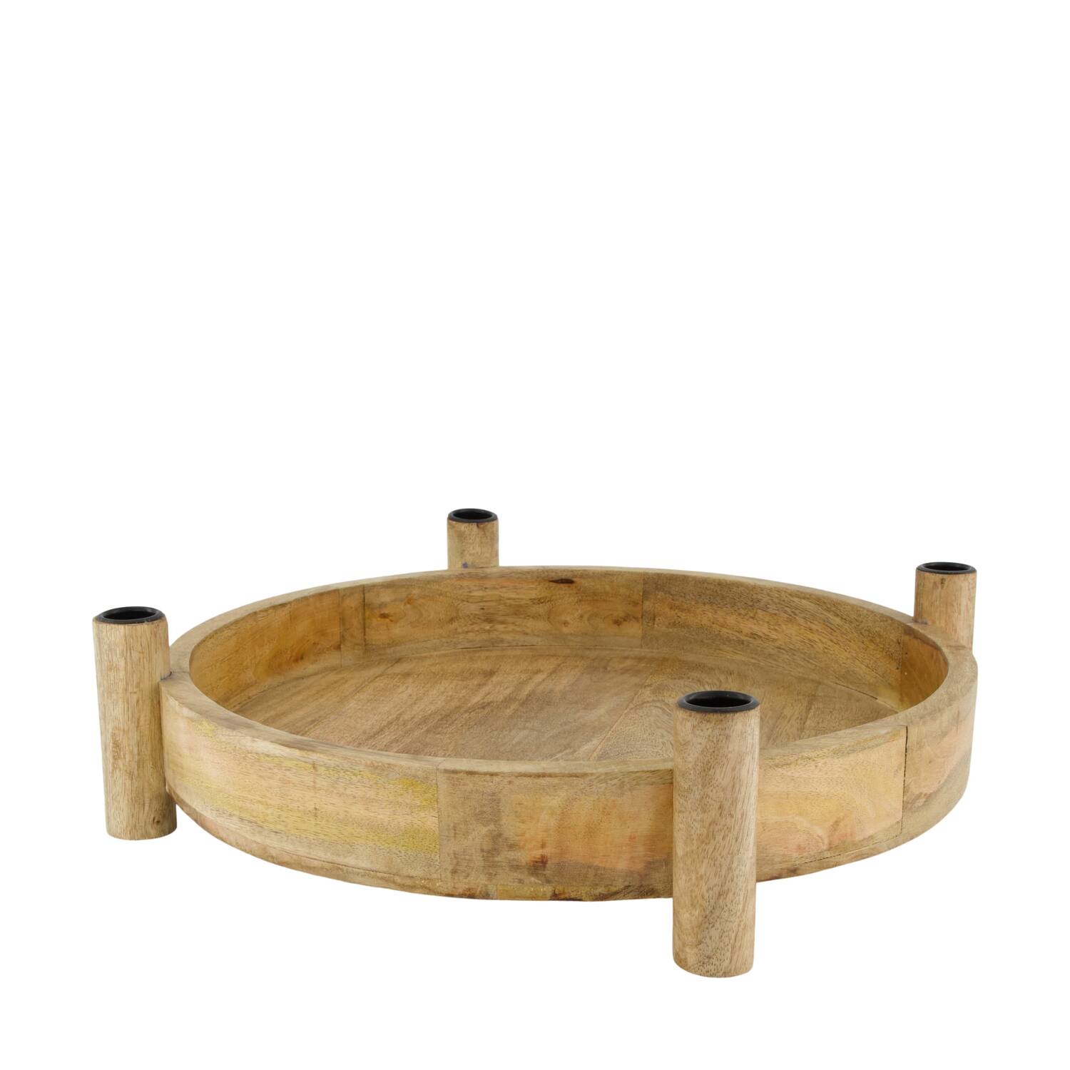 Tray round mango wood with candle holders 38x43x10cm - Natural