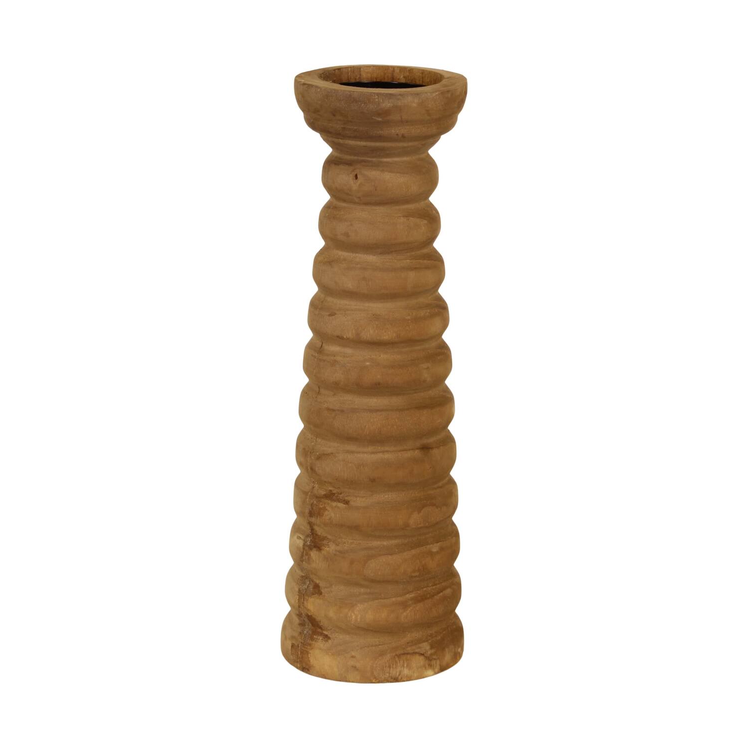 Pillar candle holder paulownia wood with metal cup 12x12x38cm - Brown