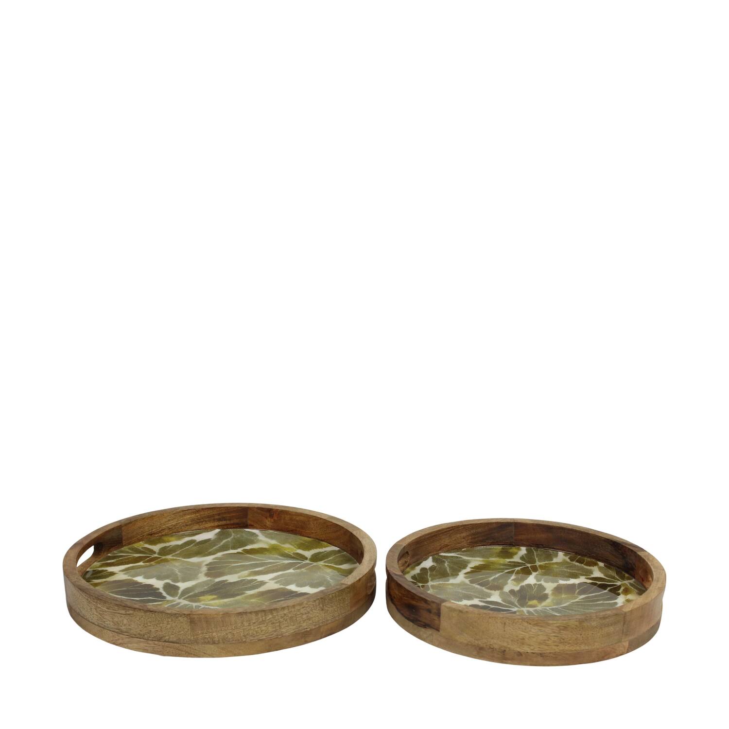 Tray round mango wood with print 38x38x5.5cm  - Natural