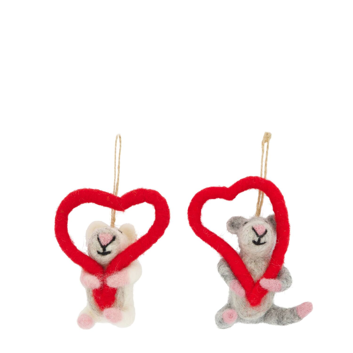 Hanger mouse with heart wool 6x5x10cm C/2