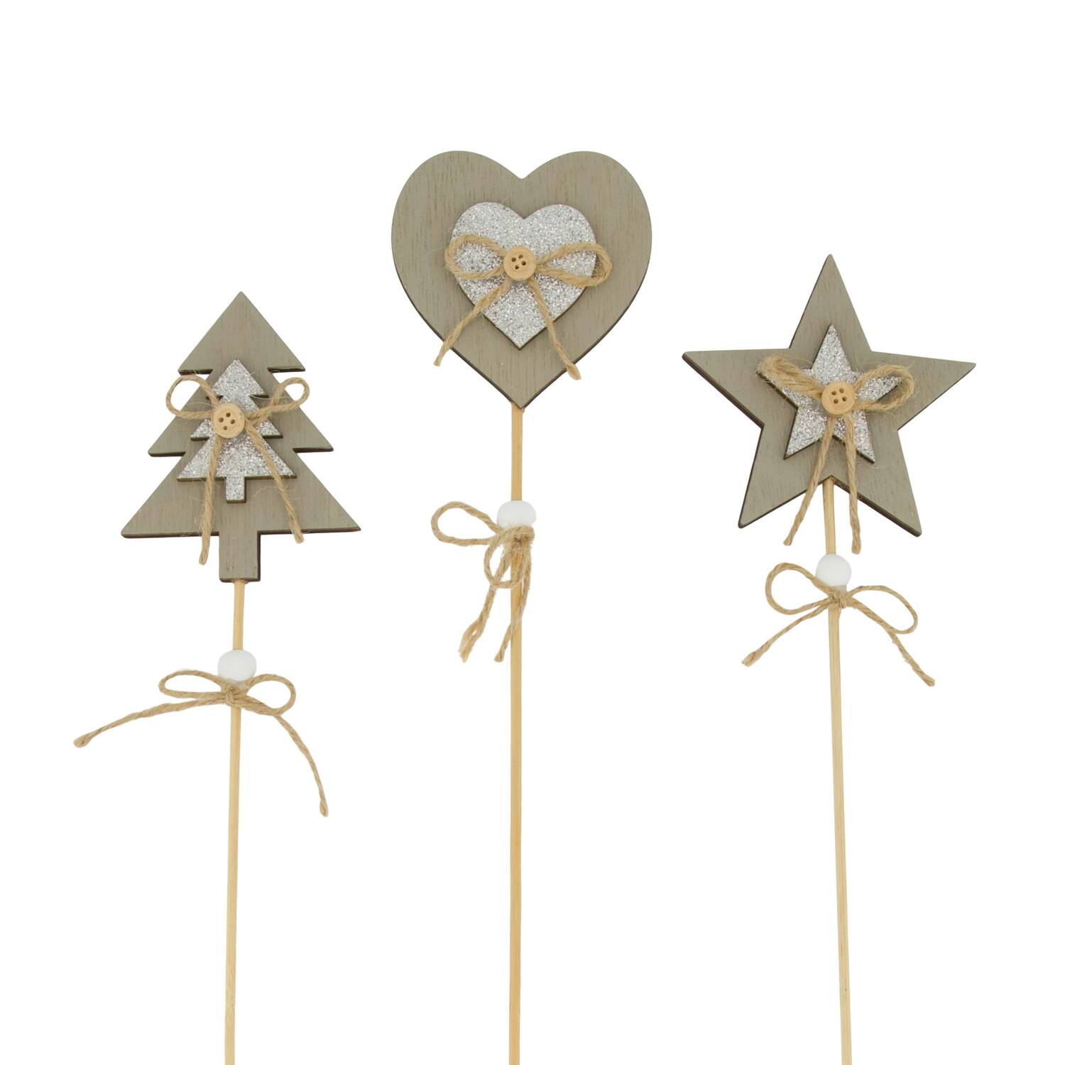 Figurine heart / star / tree plywood on stick 9x1.4x58cm 3pc A/3