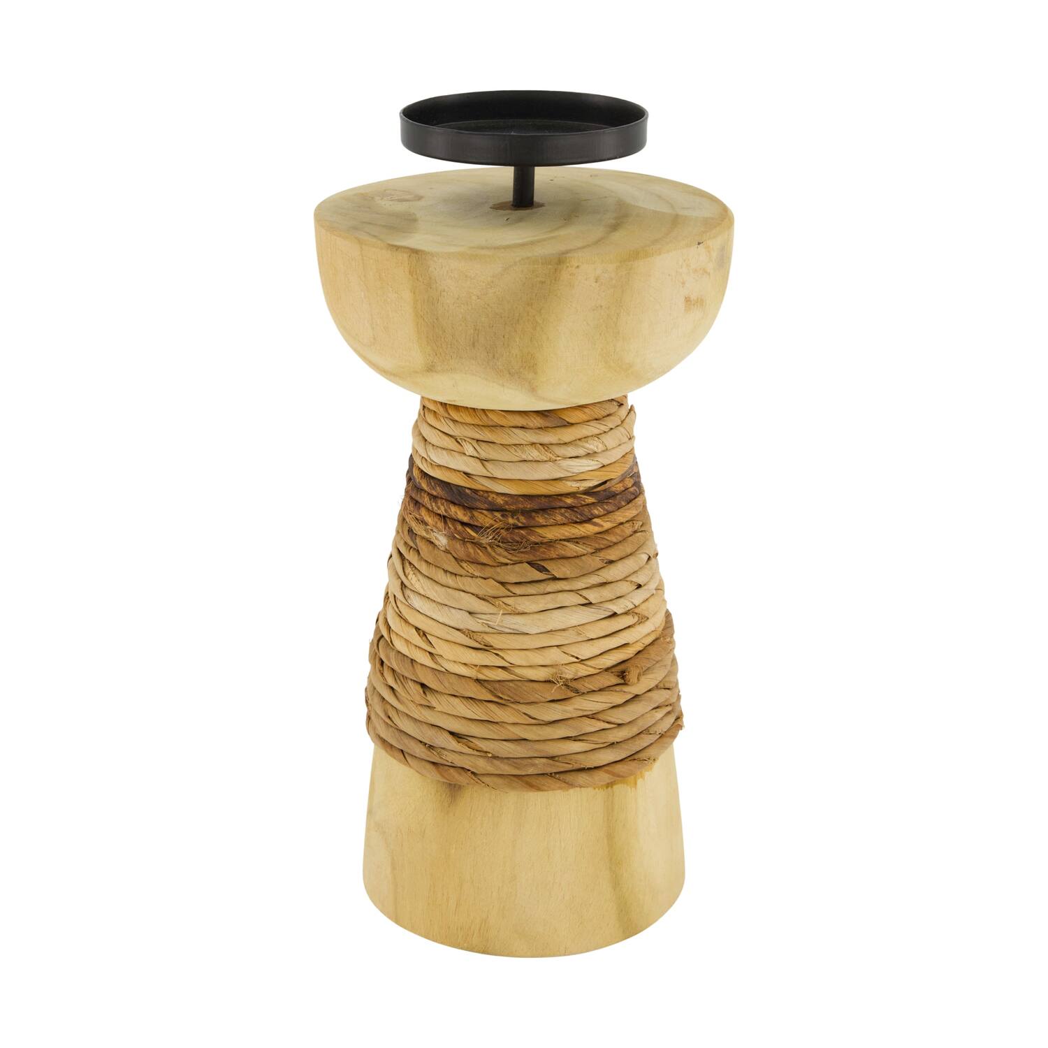 Pillar candle holder banana leaf teak wood 14x14x28cm
