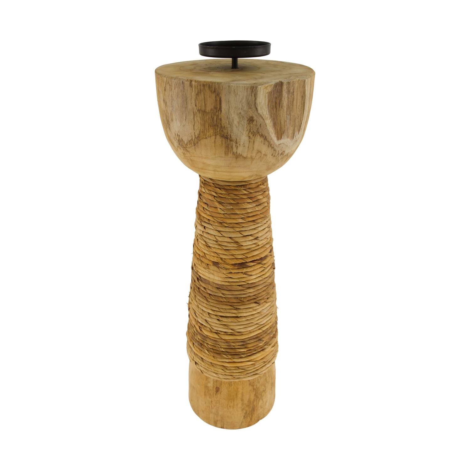 Pillar candle holder banana leaf teak wood 18x18x58cm