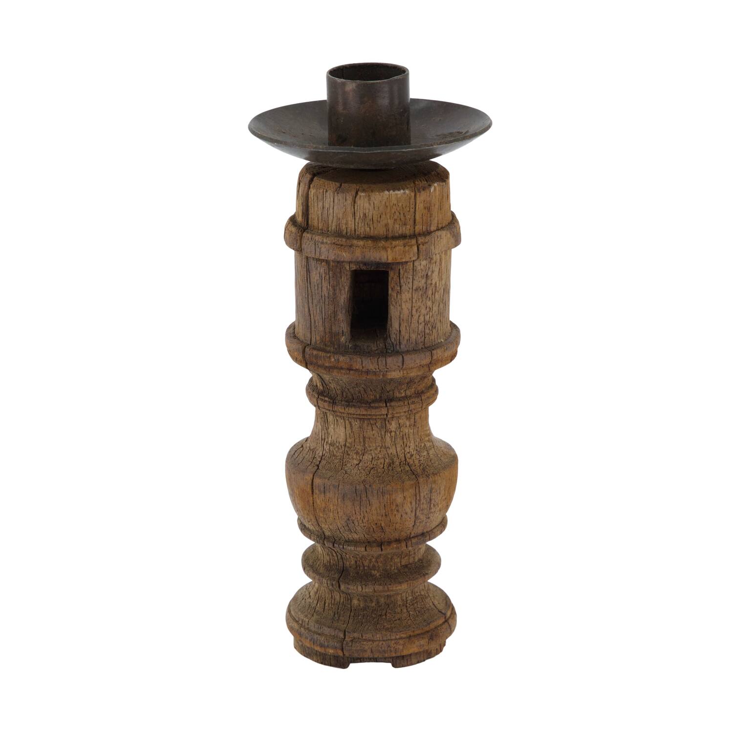 Pillar candle holder round reclaimed wood 6x6x15cm - Brown