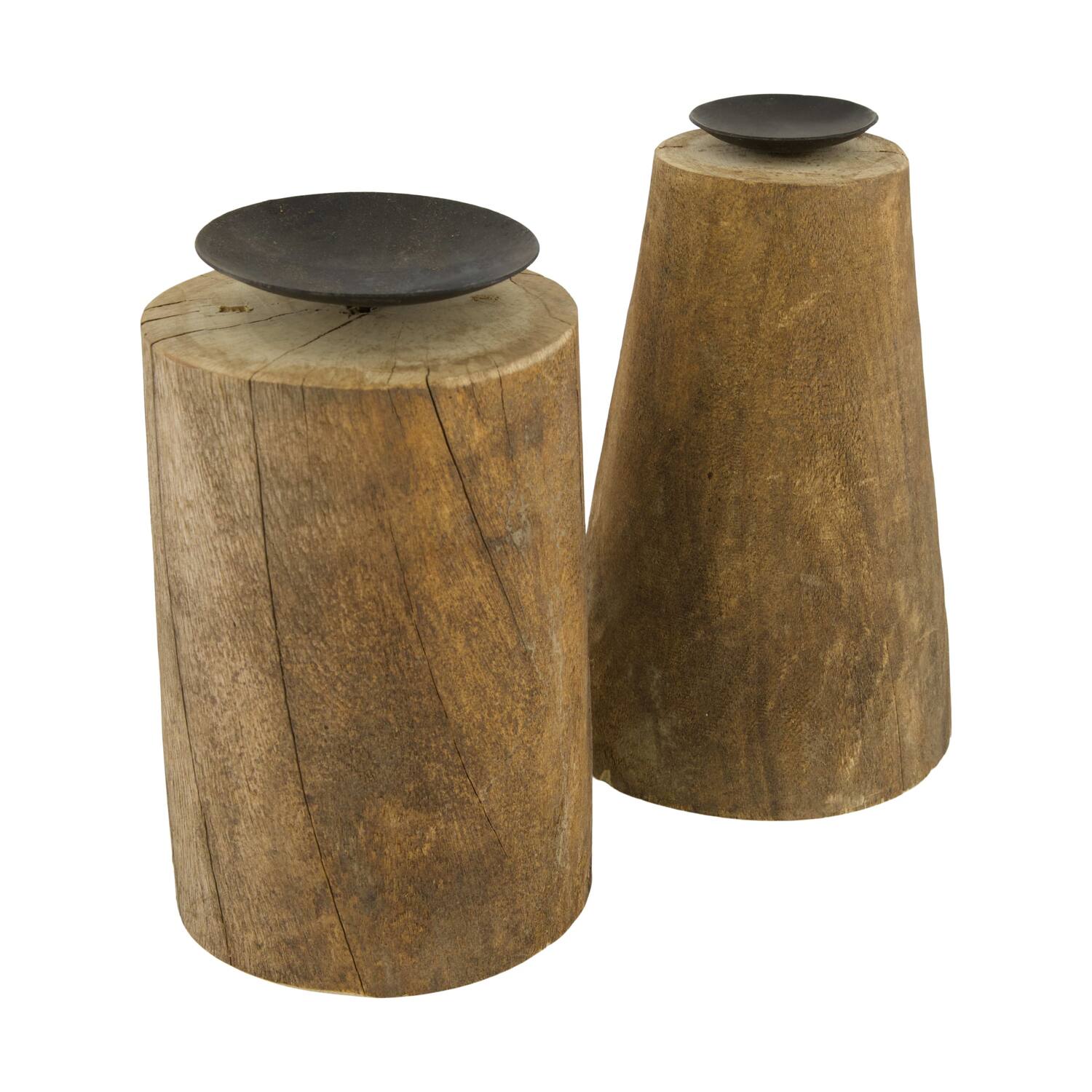 Pillar candle holder round reclaimed wood vintage 10x10x24cm A2 - Natural