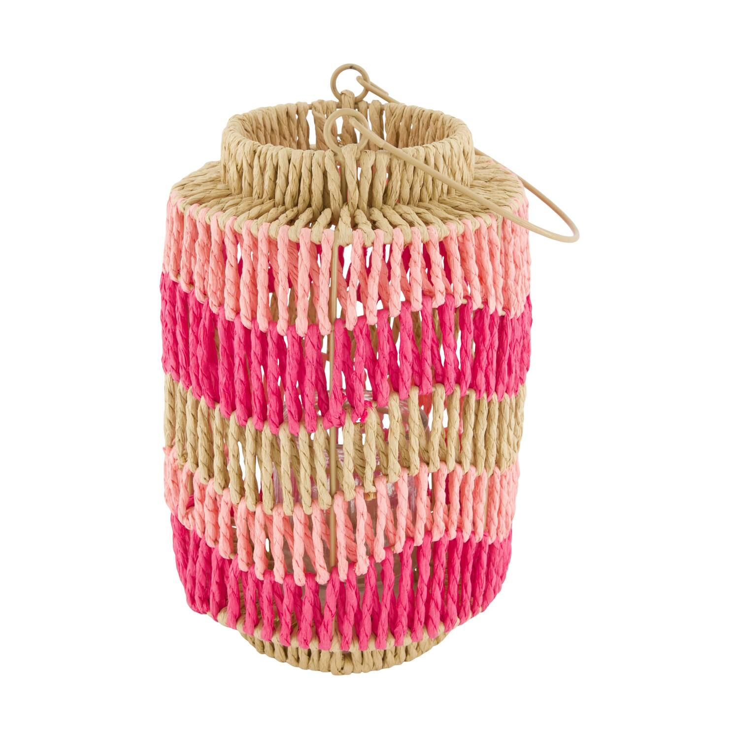 Lantern paper rope with glass 17.5x17.5x26cm - Pink