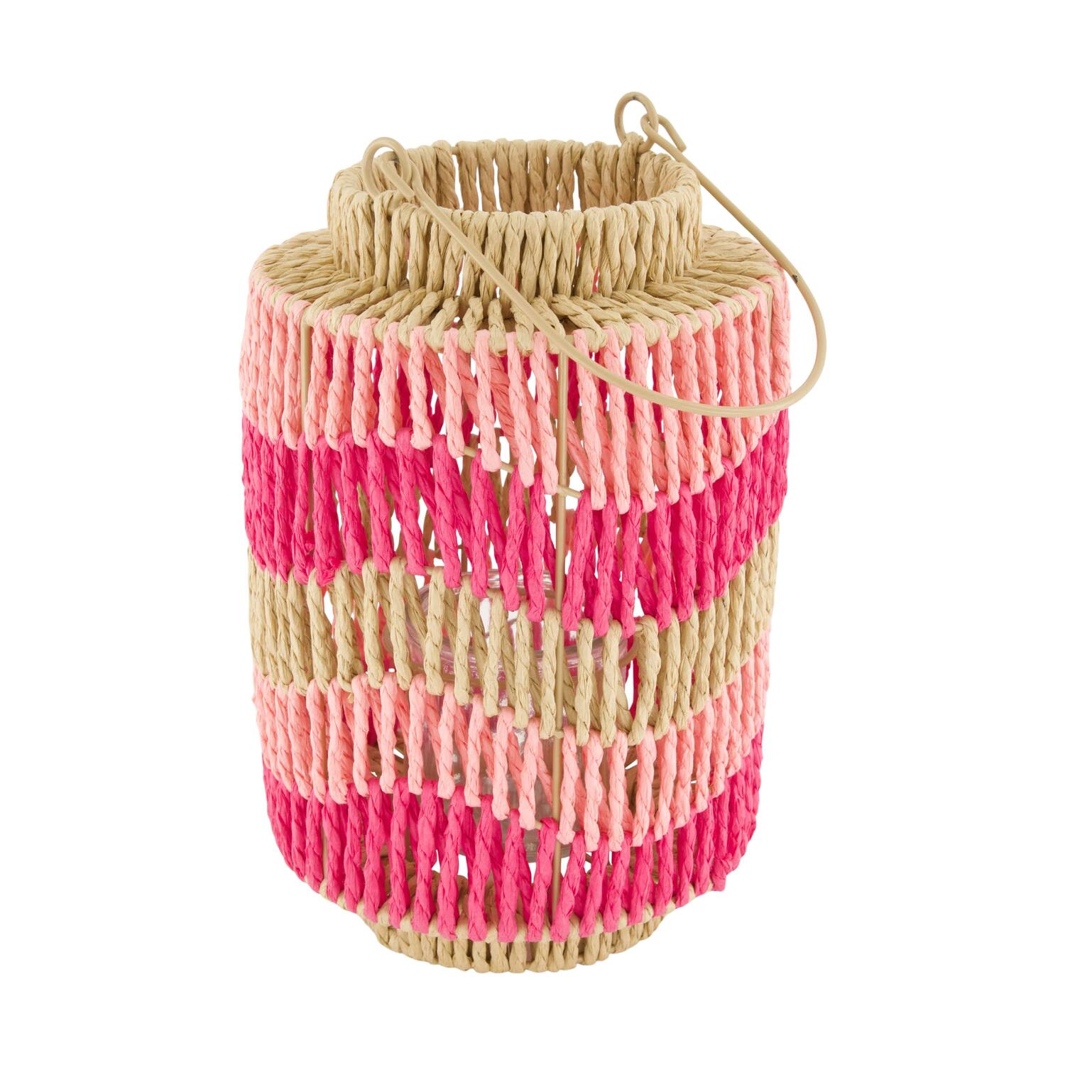 Lantern paper rope with glass 17.5x17.5x26cm - Pink