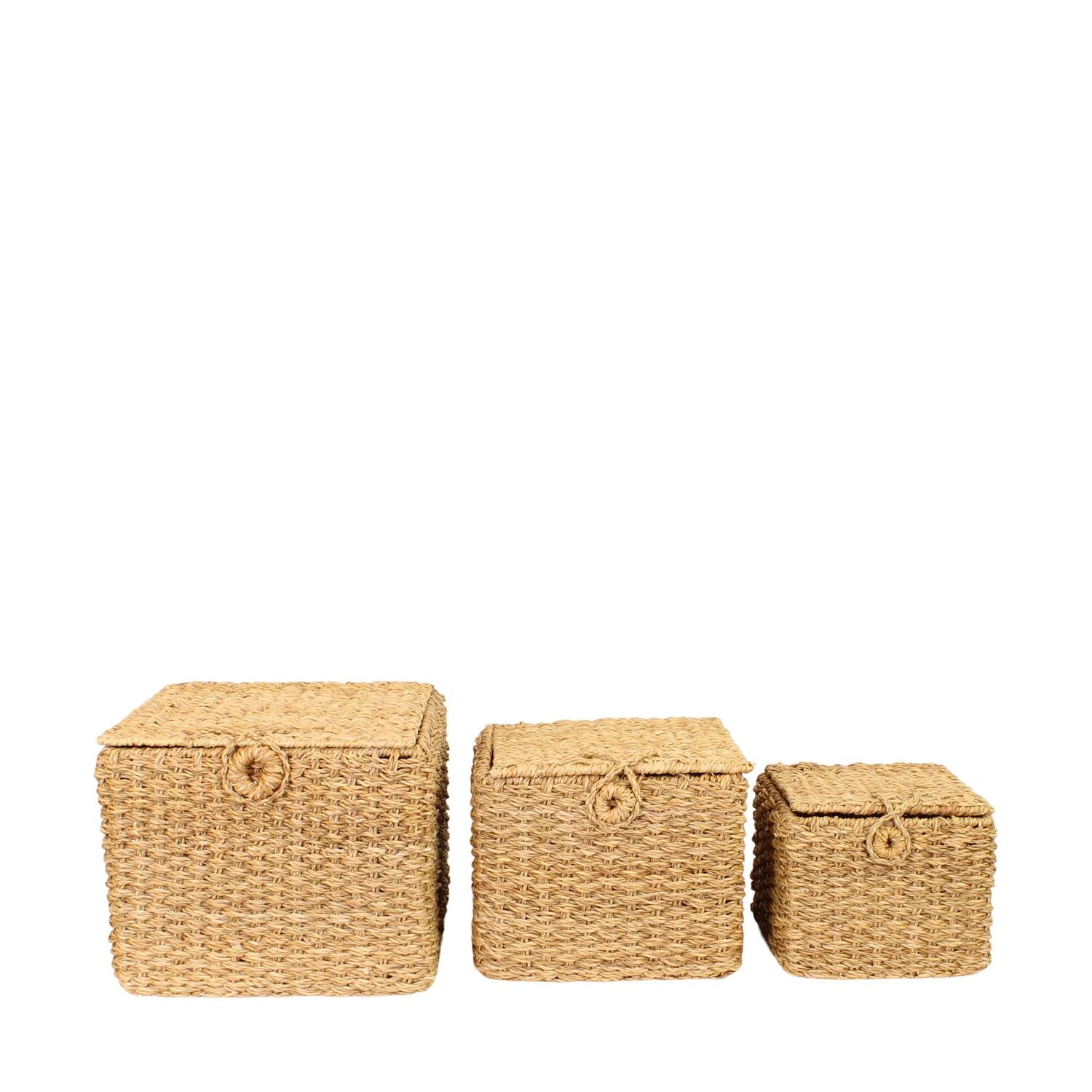 Basket square with lid seagrass 38x38x32cm S/3