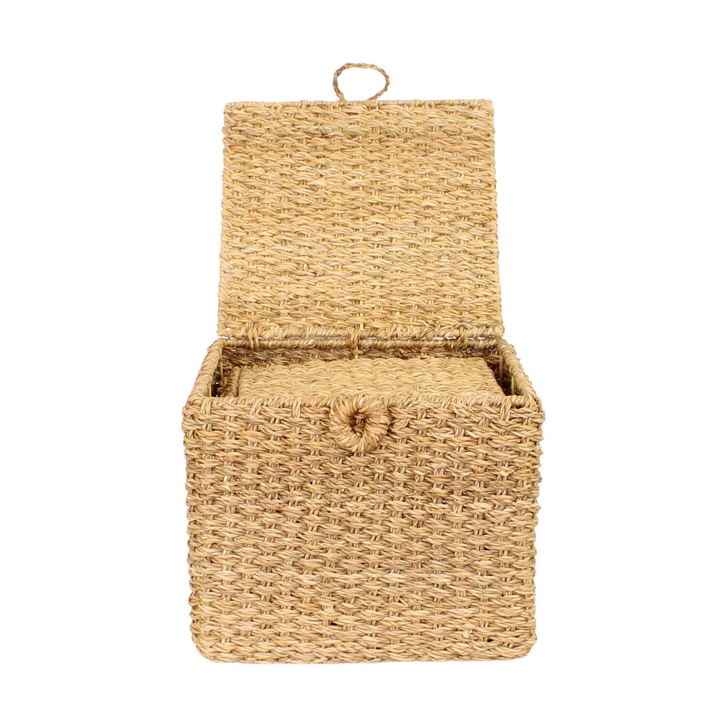 Basket square with lid seagrass 38x38x32cm S/3