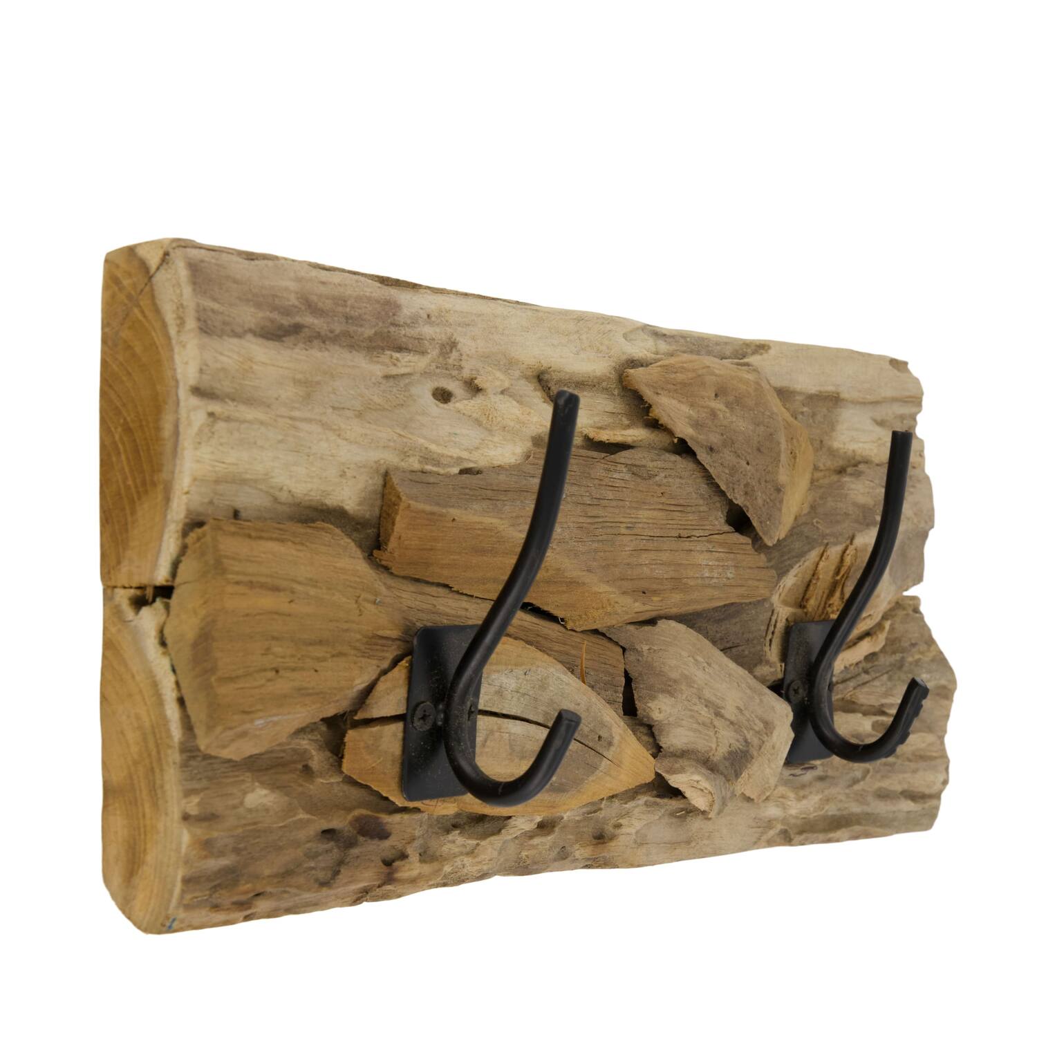 Coat rack teak wood with 2 hooks 38x18x8cm - Natural