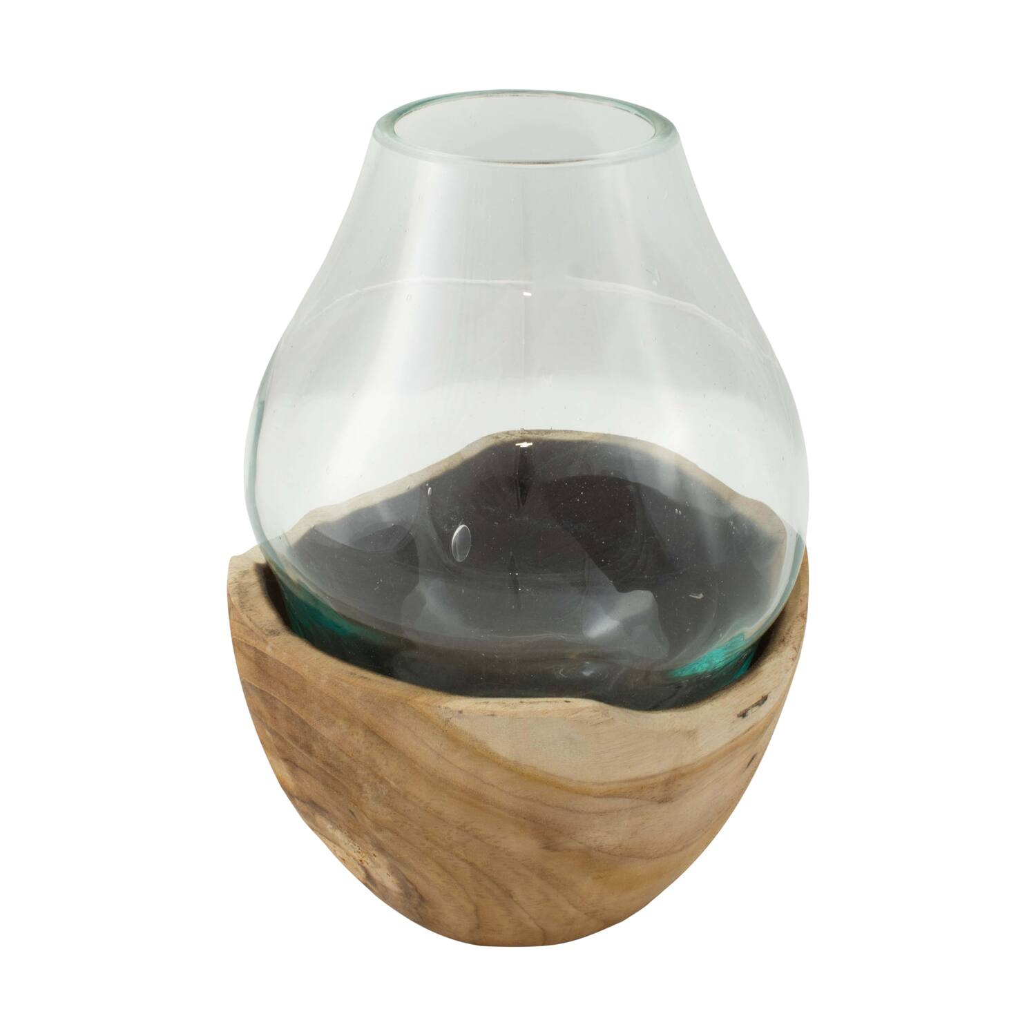 Vase teak wood with glass 17x17x26cm