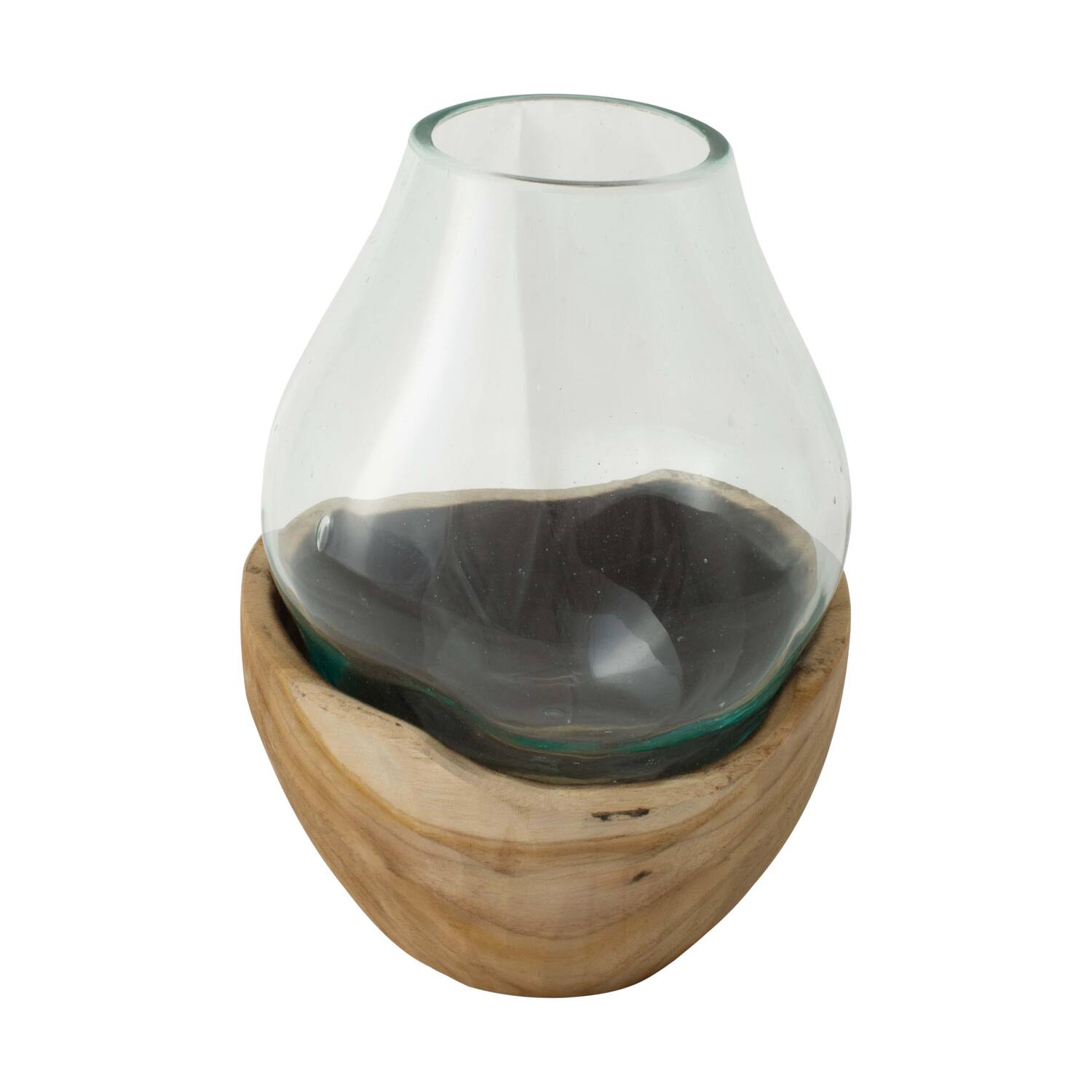 Vase teak wood with glass 17x17x26cm