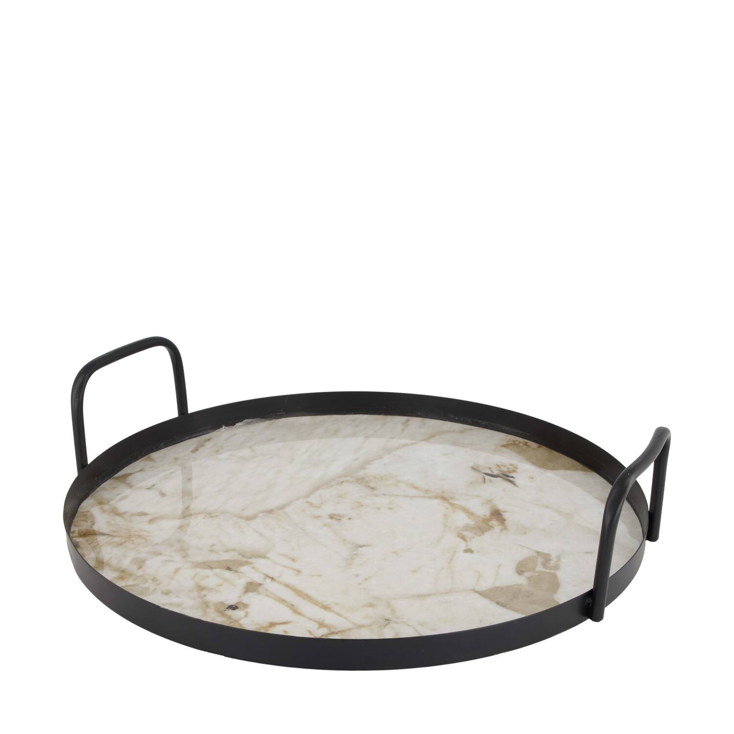 Tray round with marble print metal with handle 38x38x8.5cm