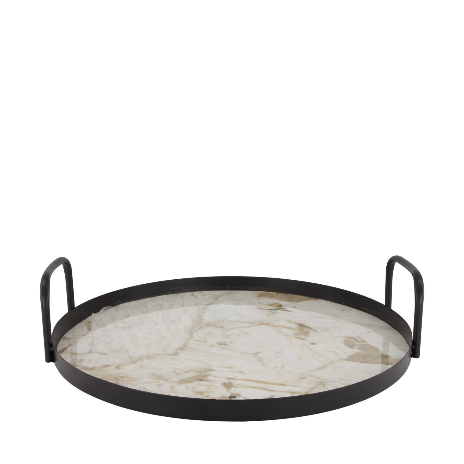 Tray round with marble print metal with handle 38x38x8.5cm