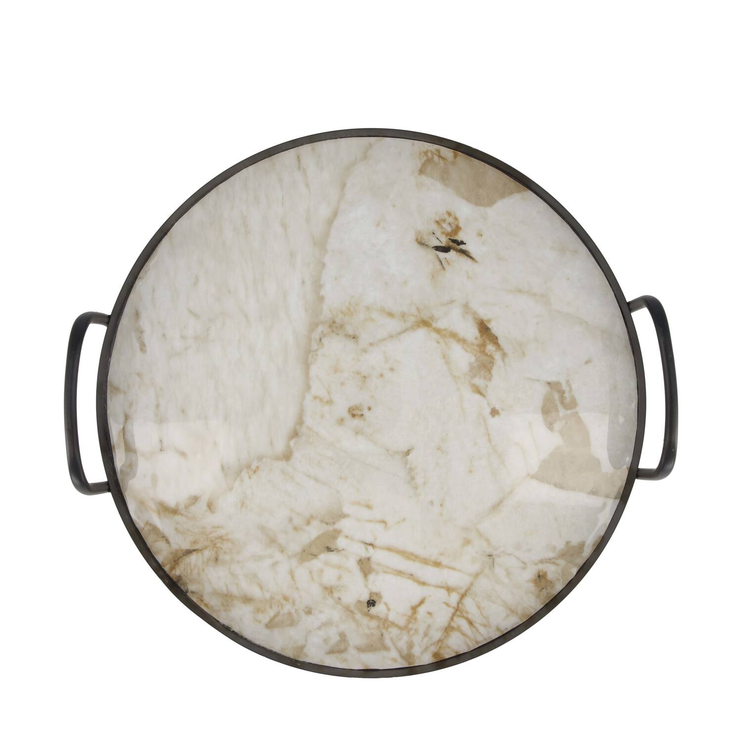Tray round with marble print metal with handle 38x38x8.5cm