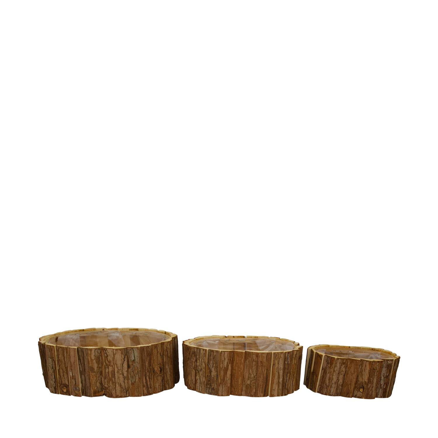 Planter oval fir wood with plastic 33x24x11cm S/3