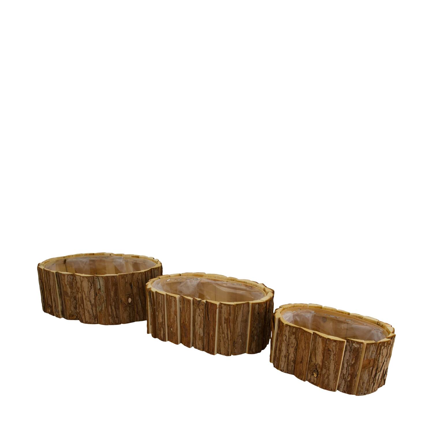 Planter oval fir wood with plastic 33x24x11cm S/3