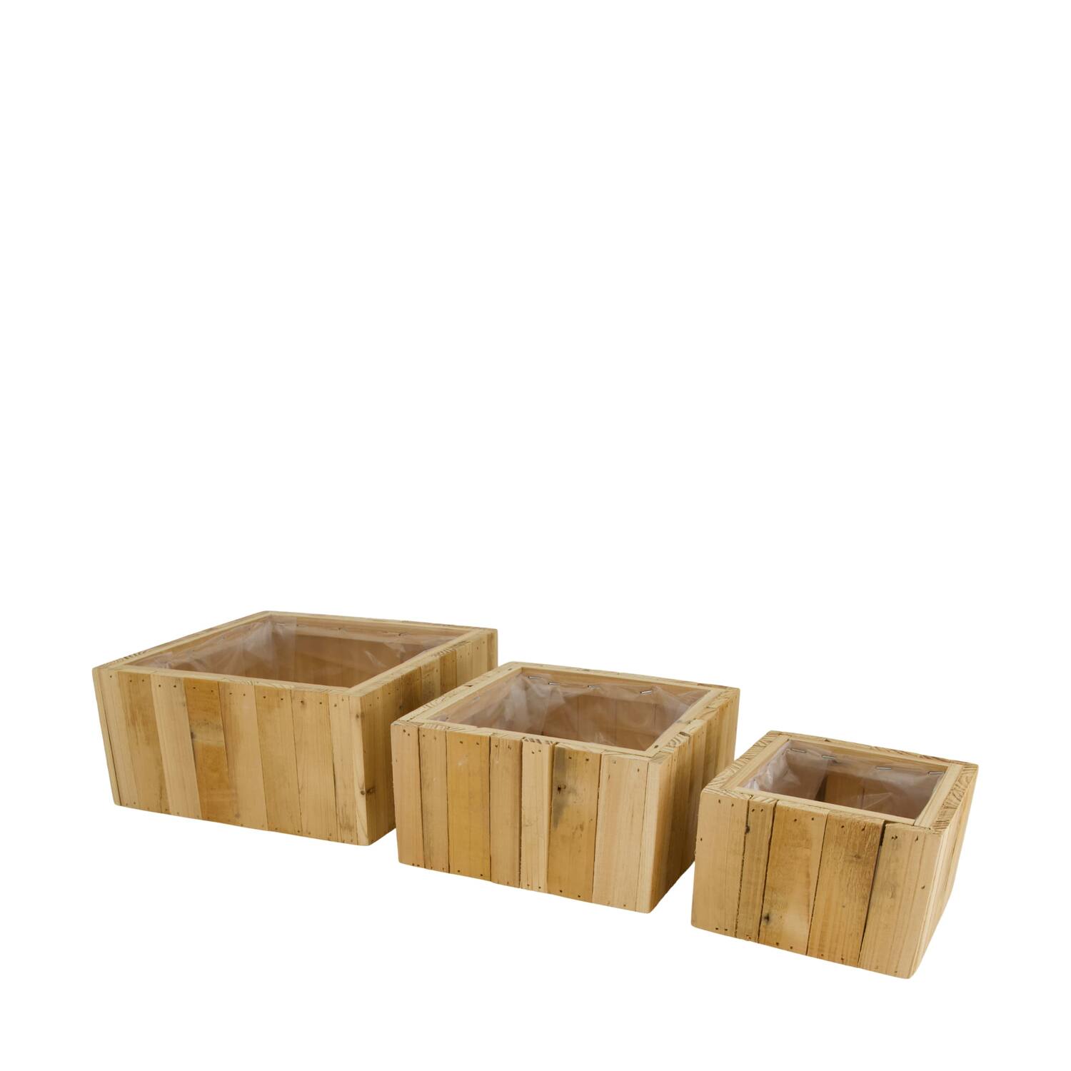 Planter square reclaimed wood with plastic 25x25x12cm S/3