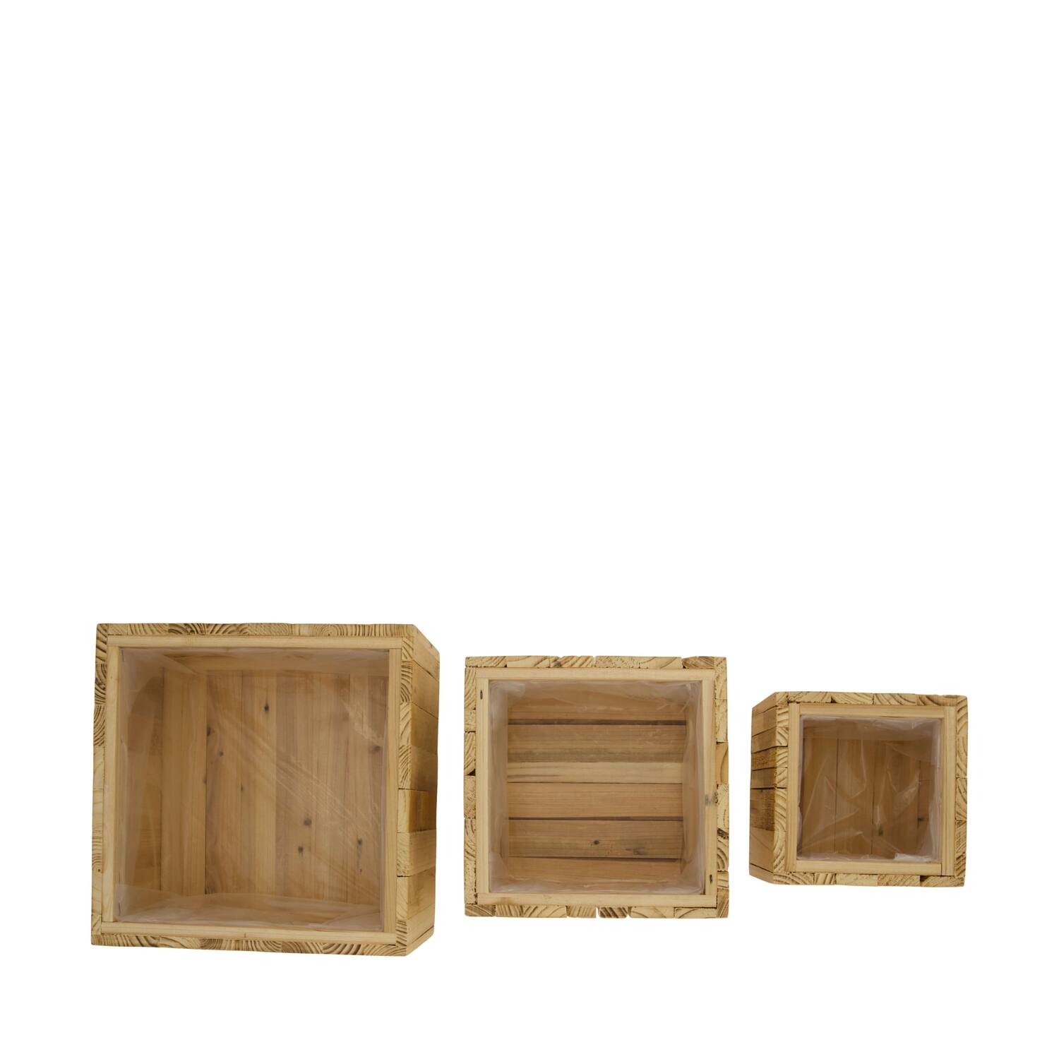 Planter square reclaimed wood with plastic 25x25x12cm S/3