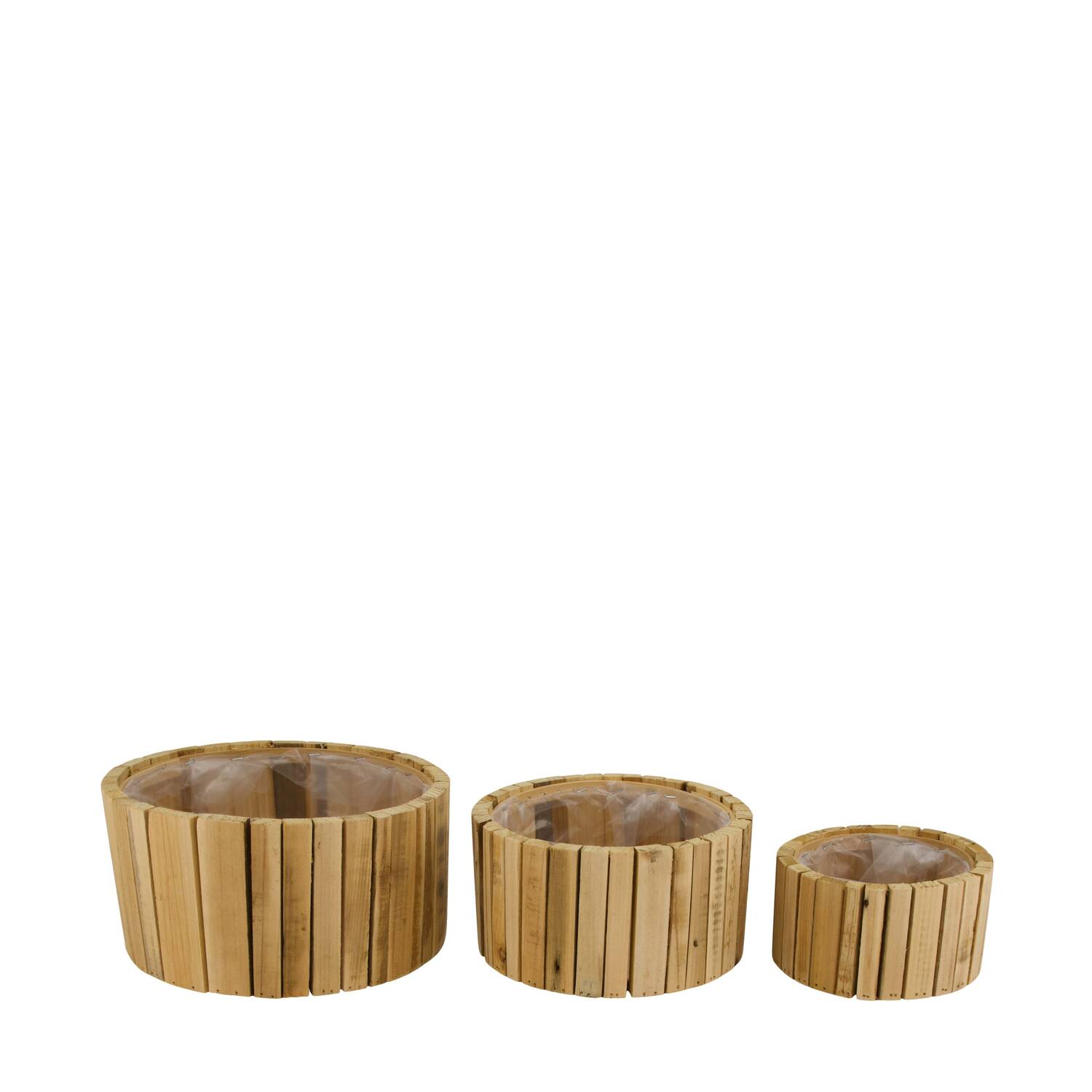 Planter round reclaimed wood with plastic 26x26x12.5cm S/3