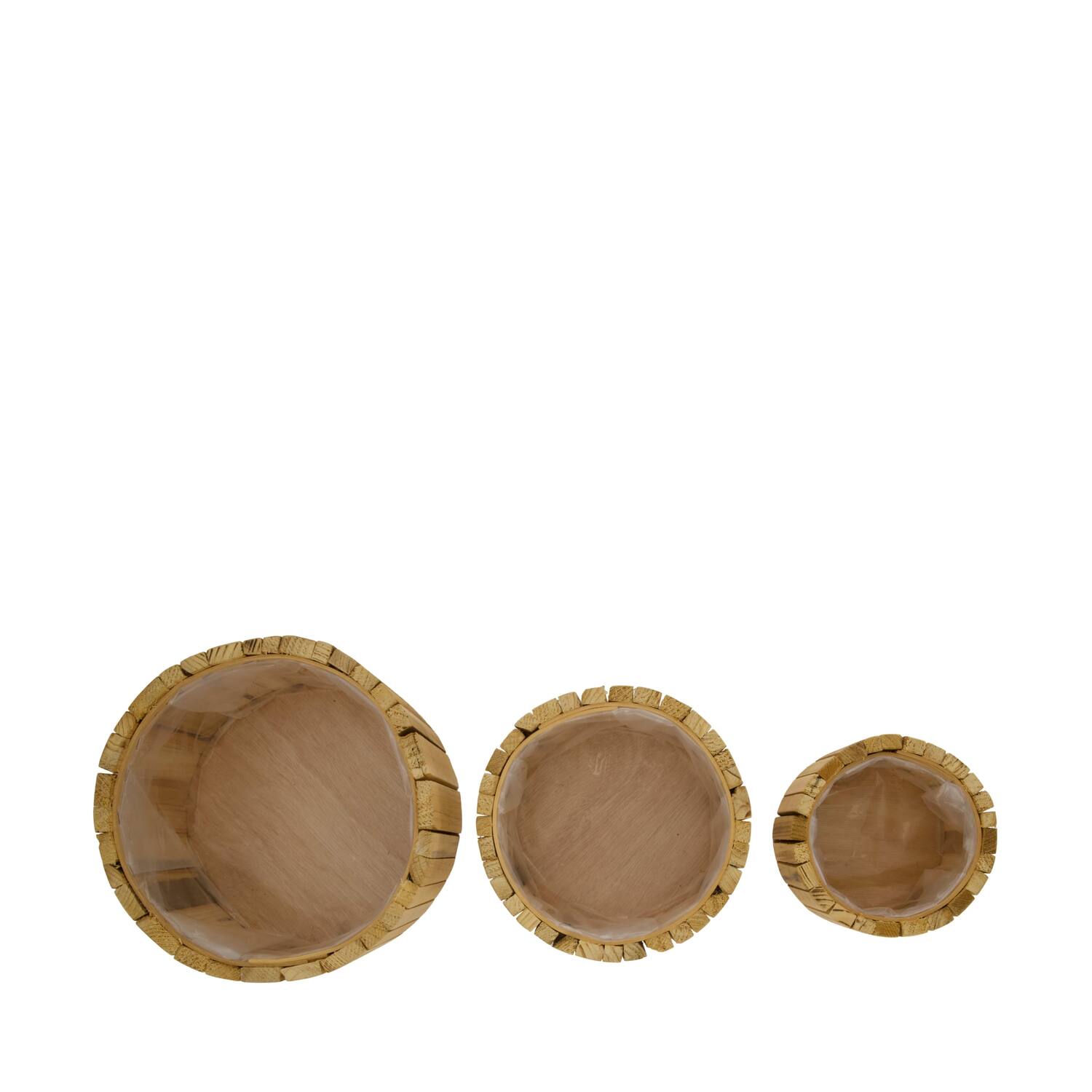 Planter round reclaimed wood with plastic 26x26x12.5cm S/3