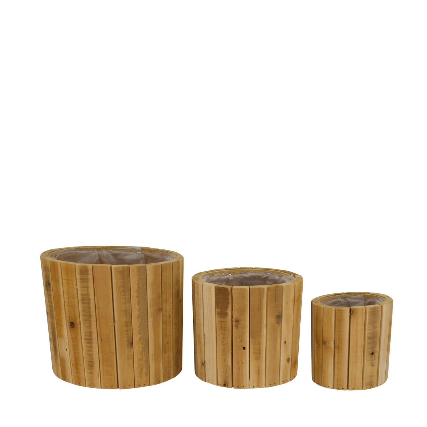 Planter round reclaimed wood with plastic 23.5x23.5x20cm S/3