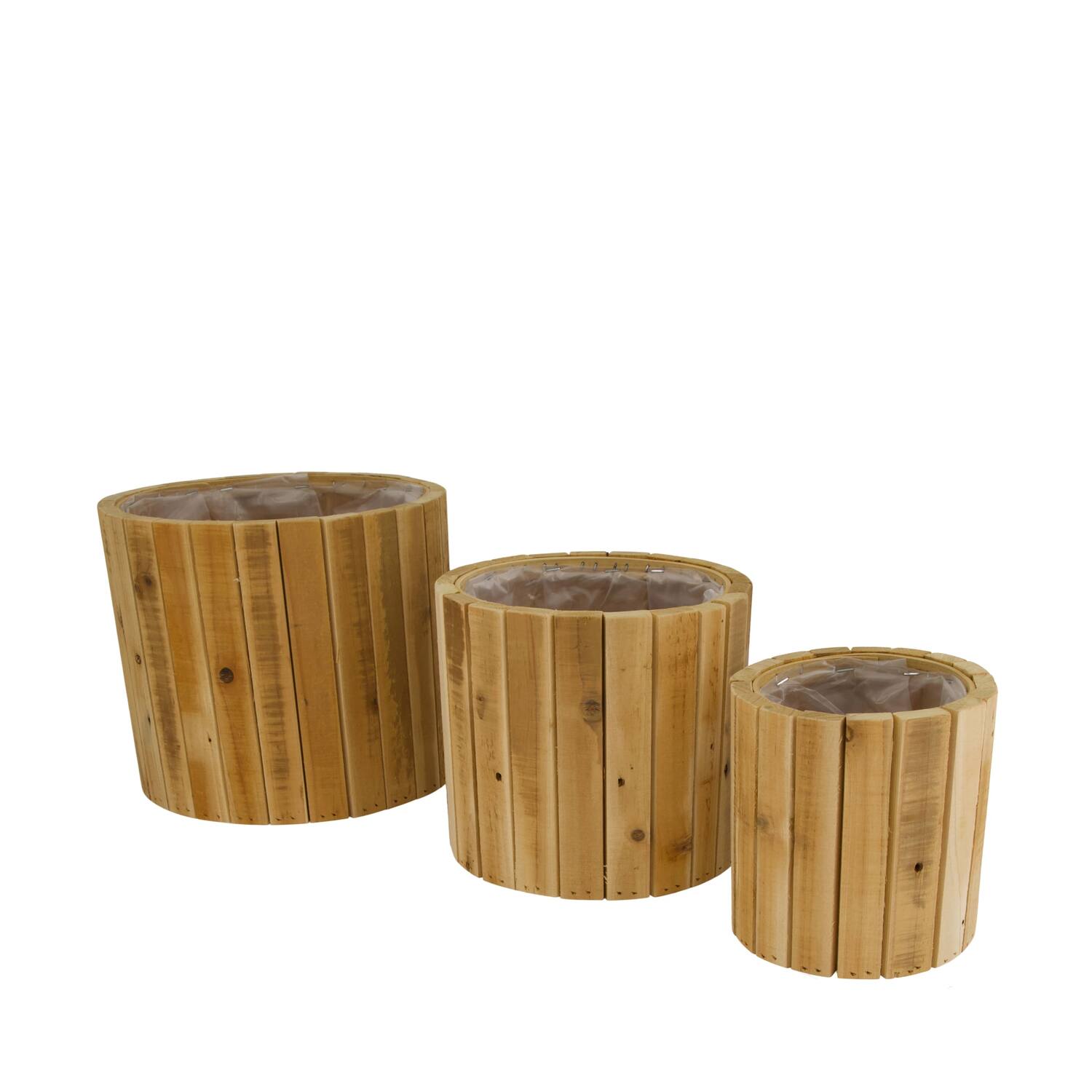 Planter round reclaimed wood with plastic 23.5x23.5x20cm S/3