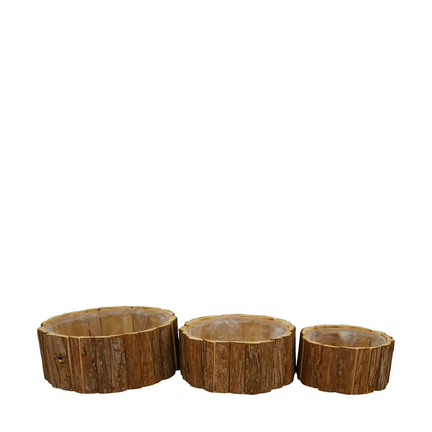 Planter round fir wood with plastic 28x28x11cm S/3