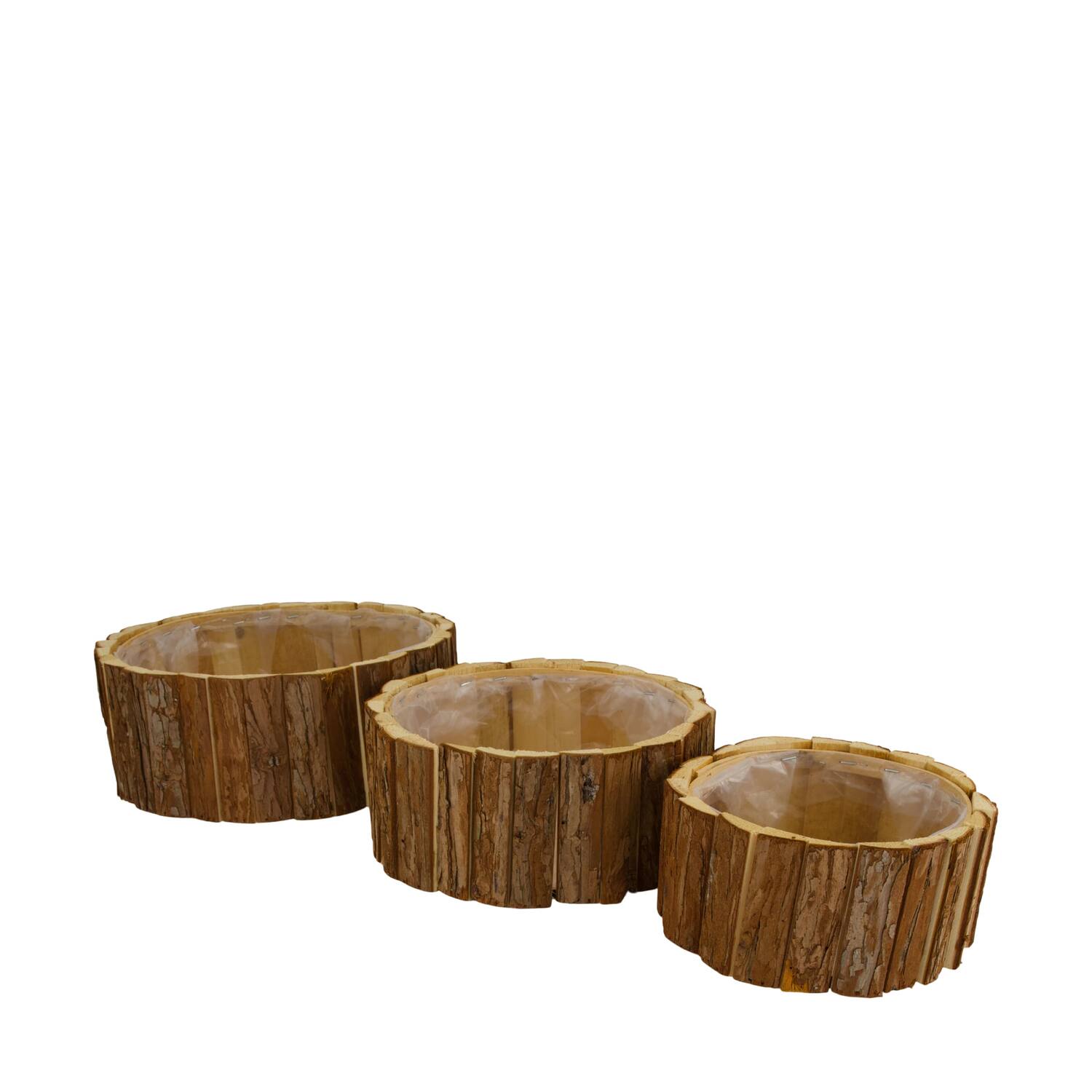 Planter round fir wood with plastic 28x28x11cm S/3