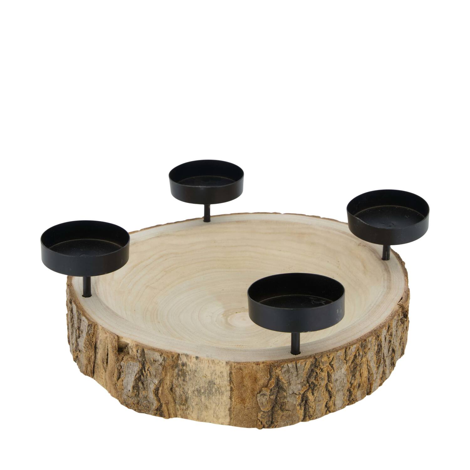Pillar candle holder bark paulownia wood with metal cup 28x28x5cm - Natural