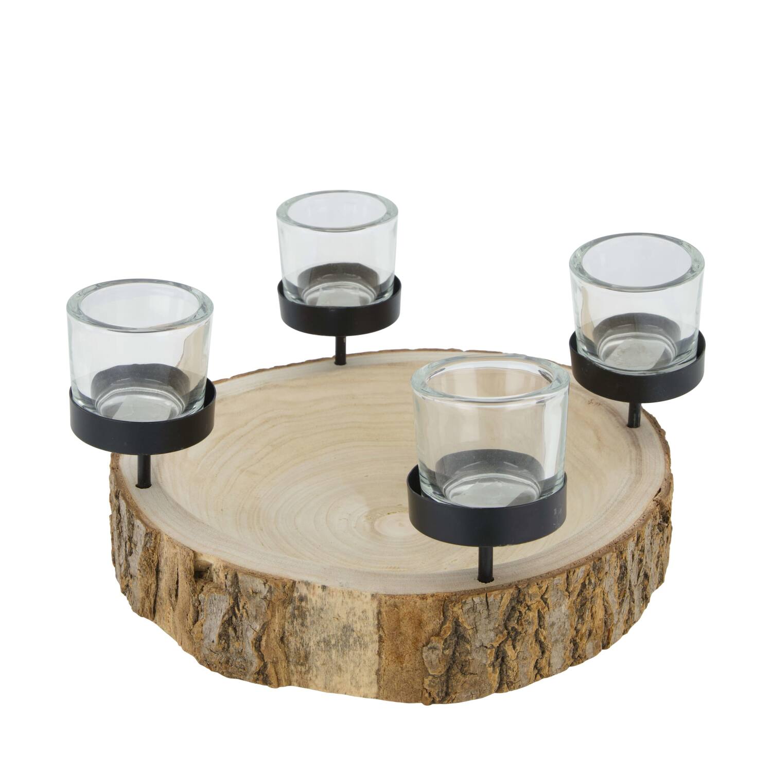 Pillar candle holder bark paulownia wood with metal cup 28x28x5cm - Natural