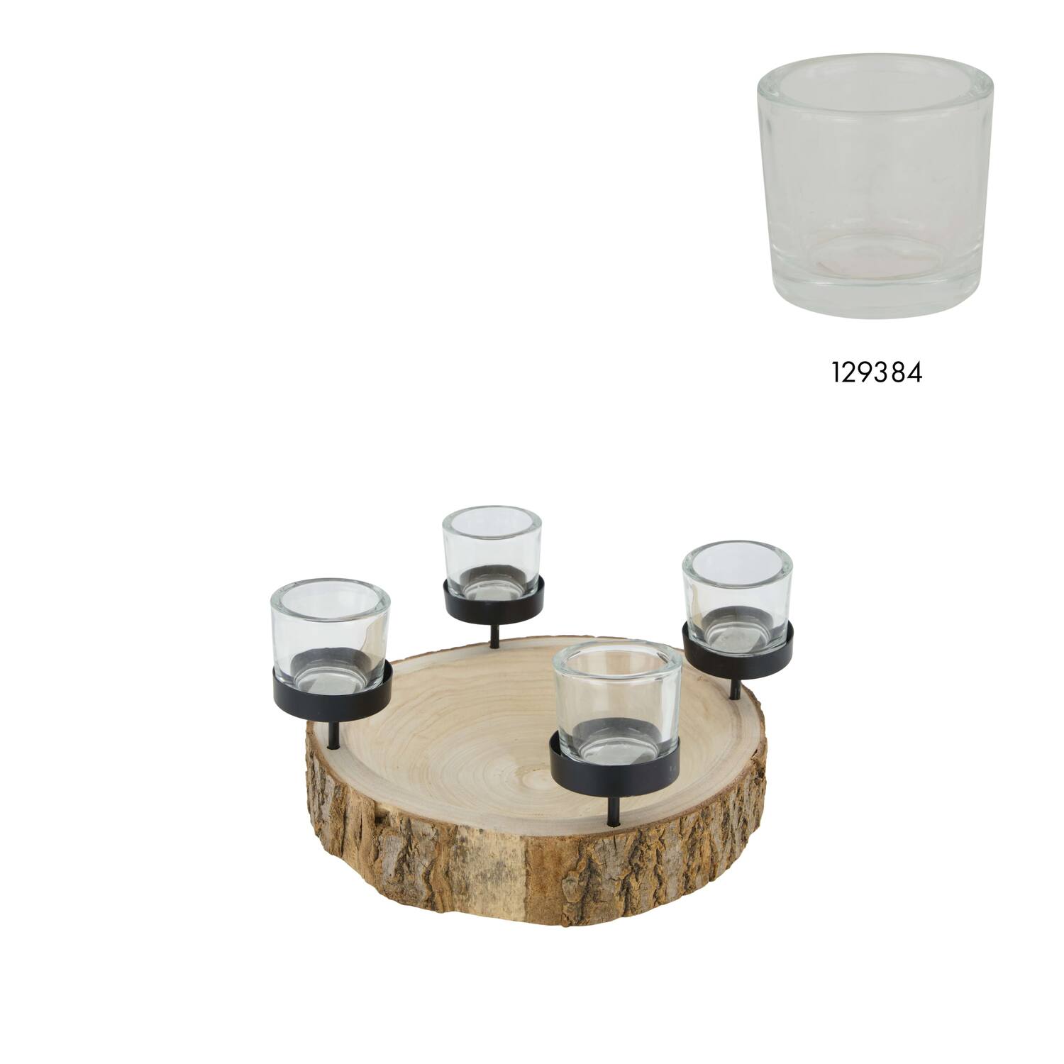 Pillar candle holder bark paulownia wood with metal cup 28x28x5cm - Natural