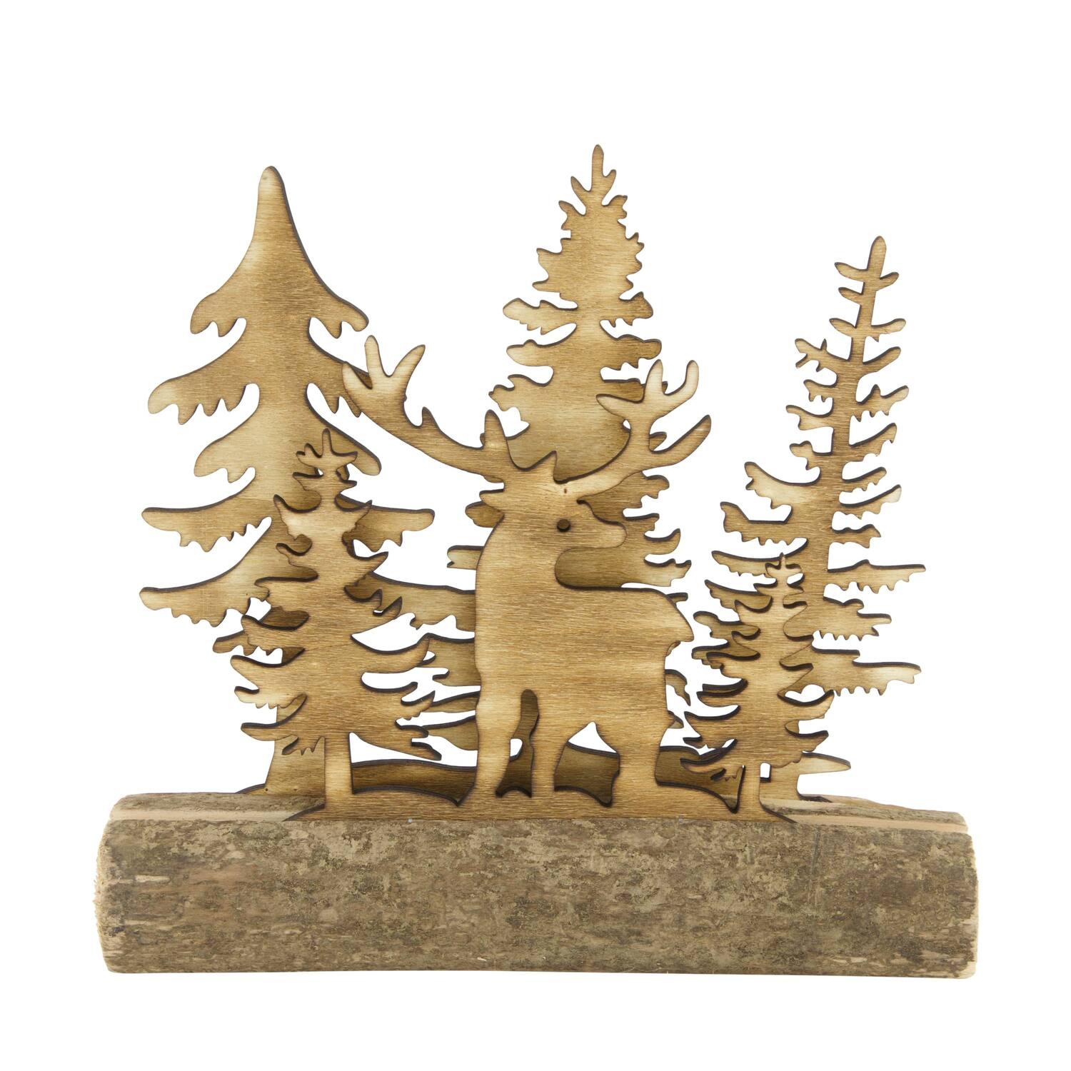 Figurine tree deer poplar wood on stand 25x5x24cm