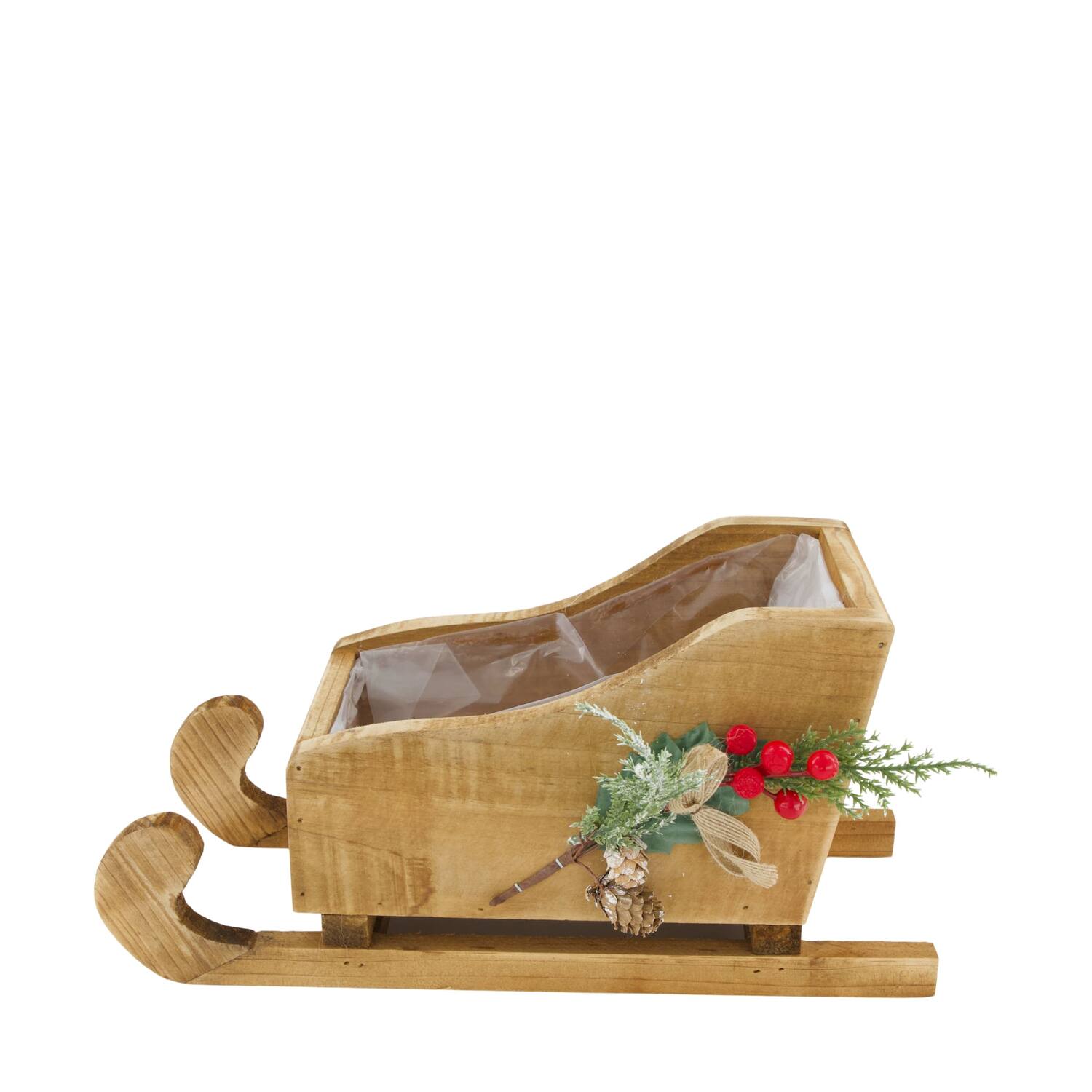 Planter sleigh historic wood with plastic 35.5x14.5x17cm - Natural