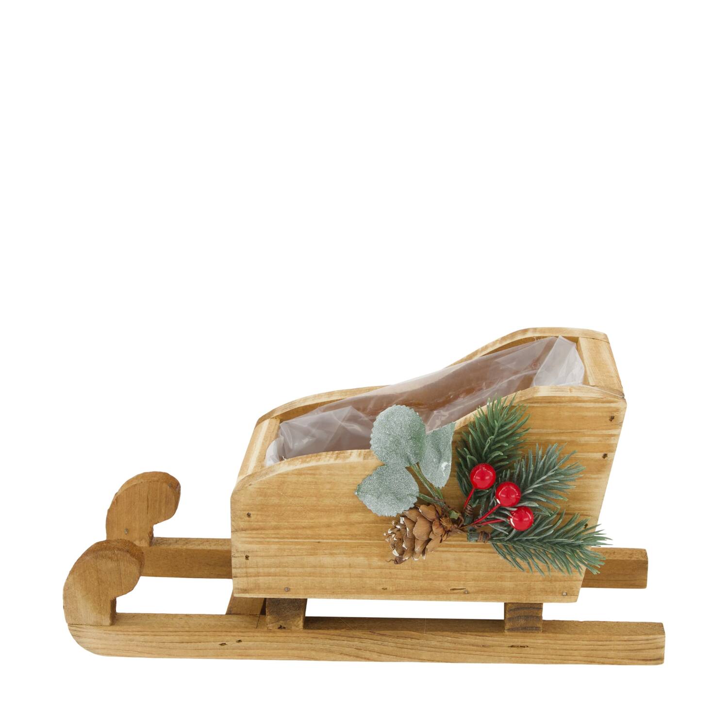 Planter sleigh historic wood with plastic 25x10x12cm - Natural